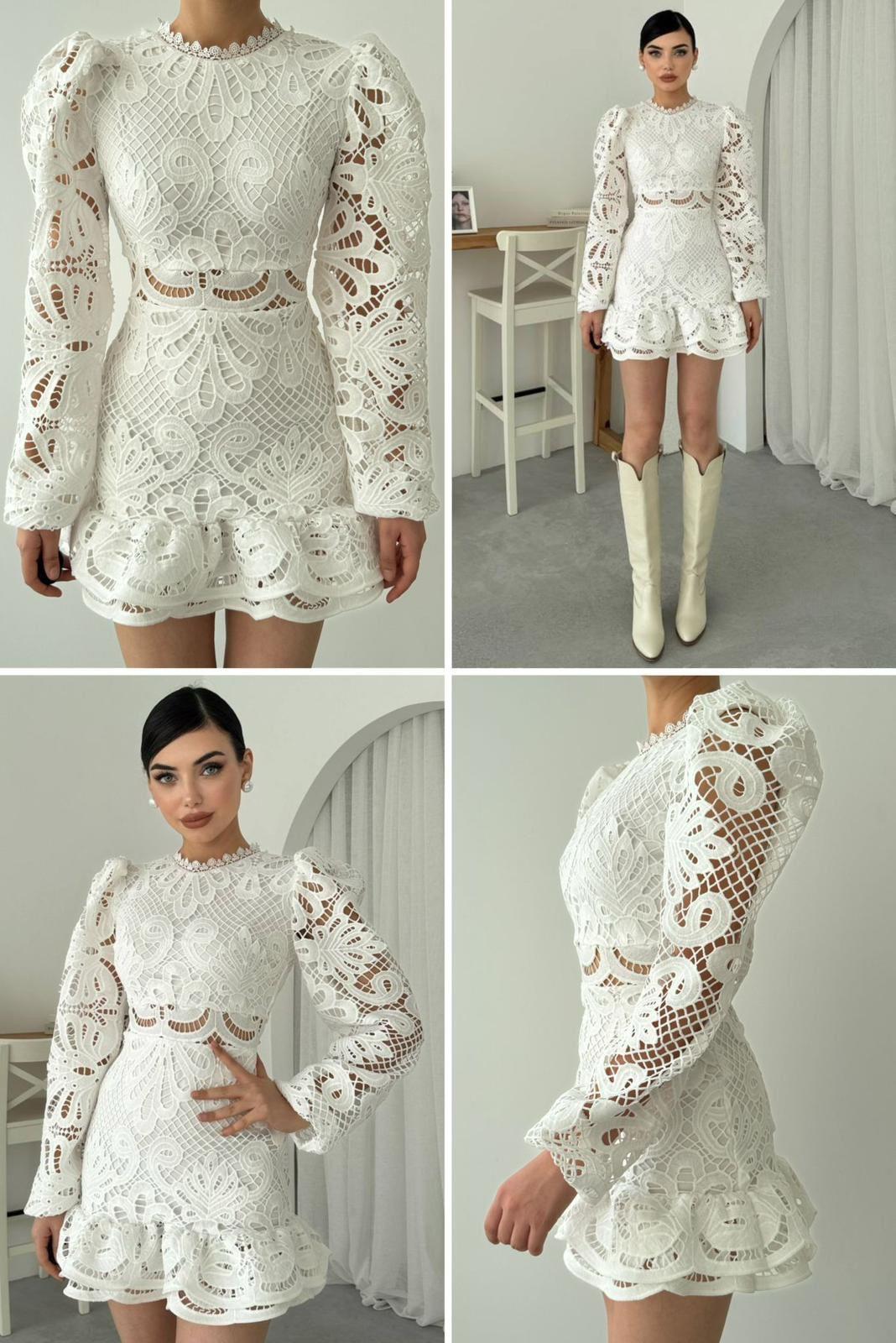 Güpür Kumaş Balon Kol Tasarım Elbise Beyaz