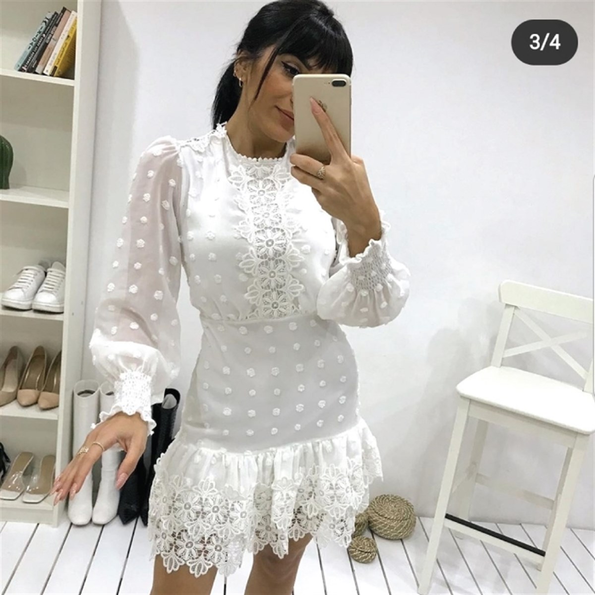GÜPÜR VE DOKULU DETAY ASTARLI ŞİFON ELBİSE 
