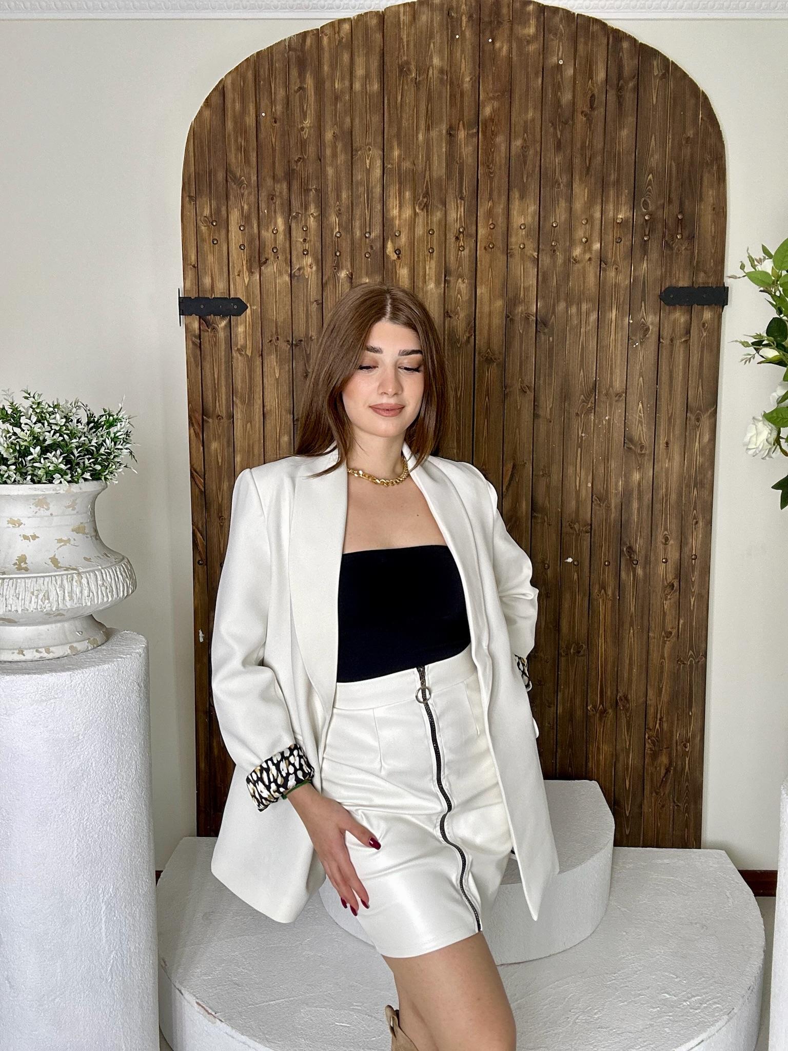Halka Fermuarlı Full Likralı Pu Beyaz Deri Etek