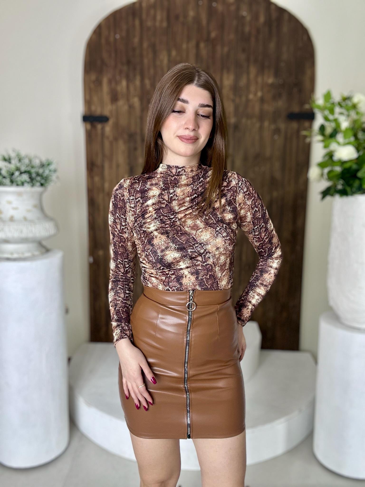 Halka Fermuarlı Full Likralı Pu Kahverengi Deri Etek