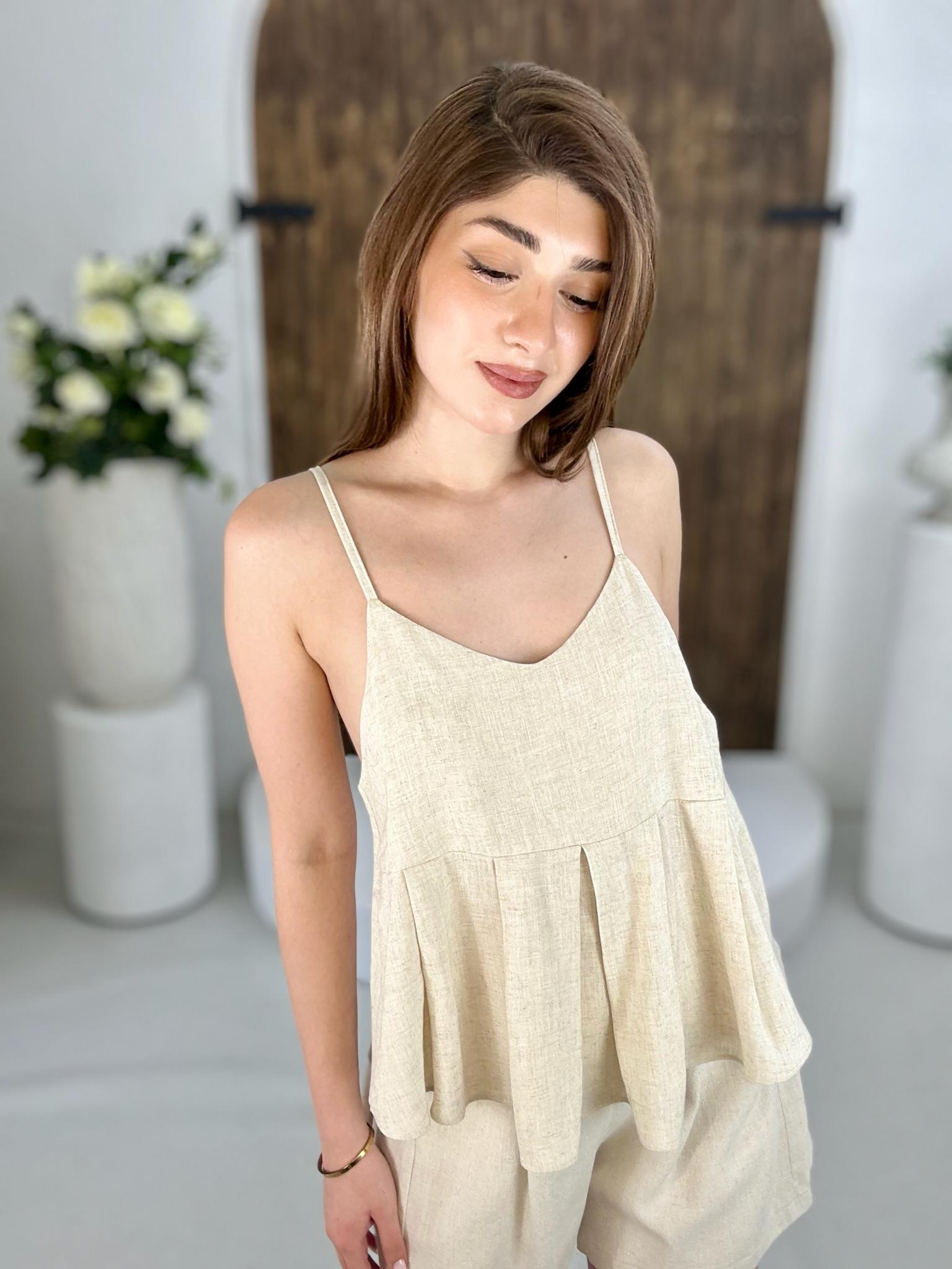 Ham Keten Kumaş Askılı Sırt Gipeli Rahat Kesim Bluz 