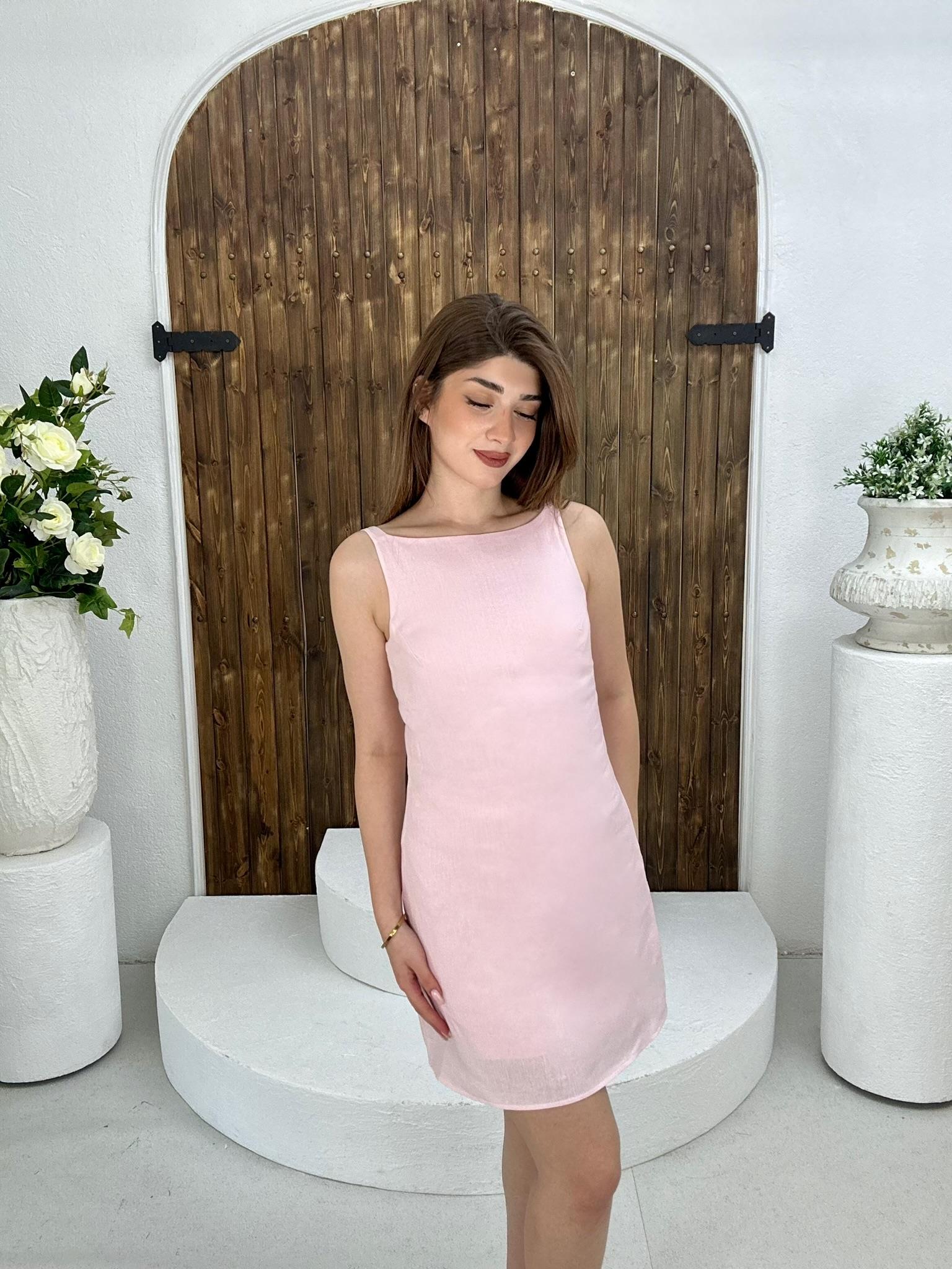 Ham Keten Kumaş Basic Elbise Pudra