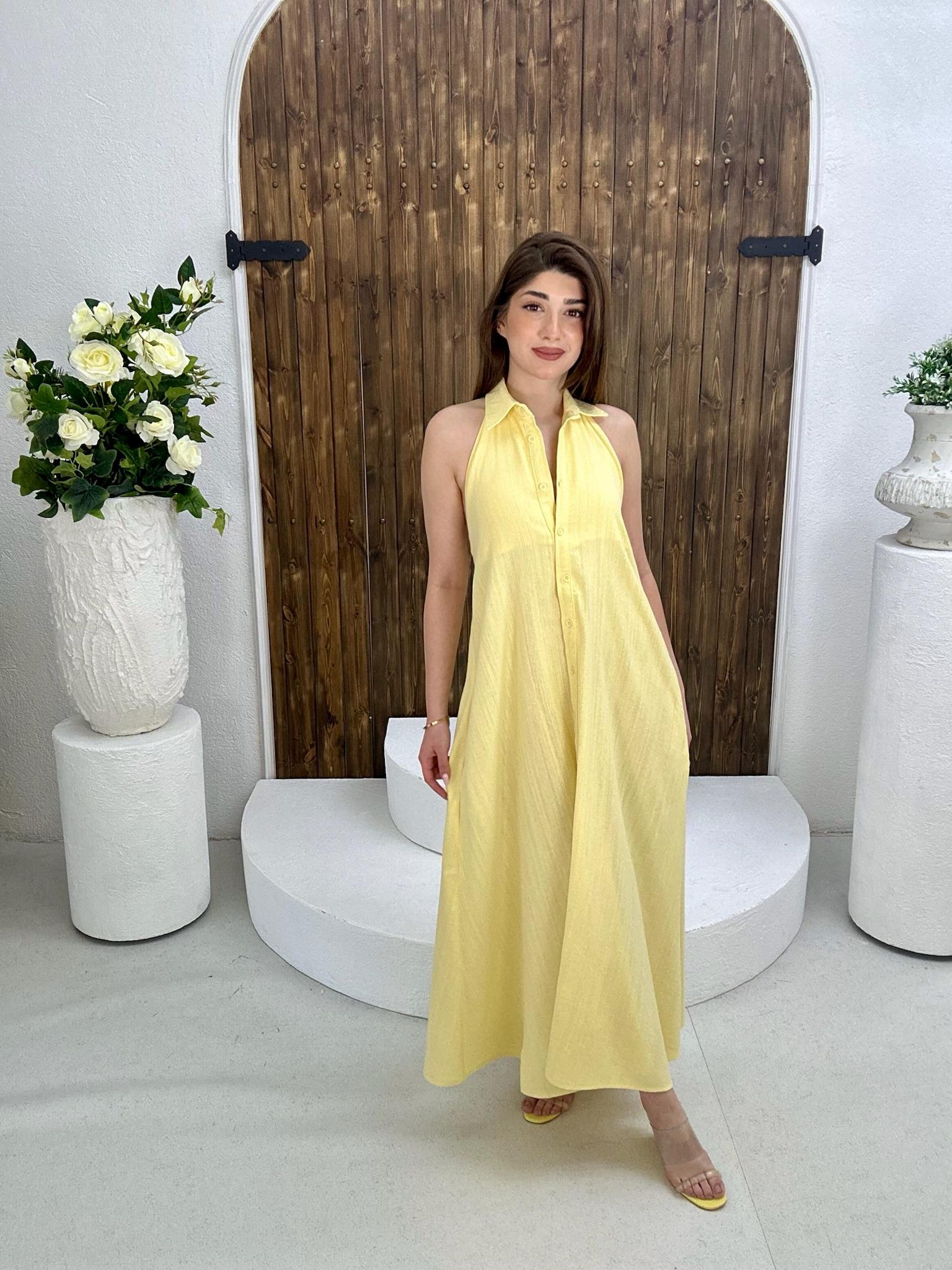 Ham Keten Kumaş Sırt Detay Uzun Gömlek Elbise Sarı