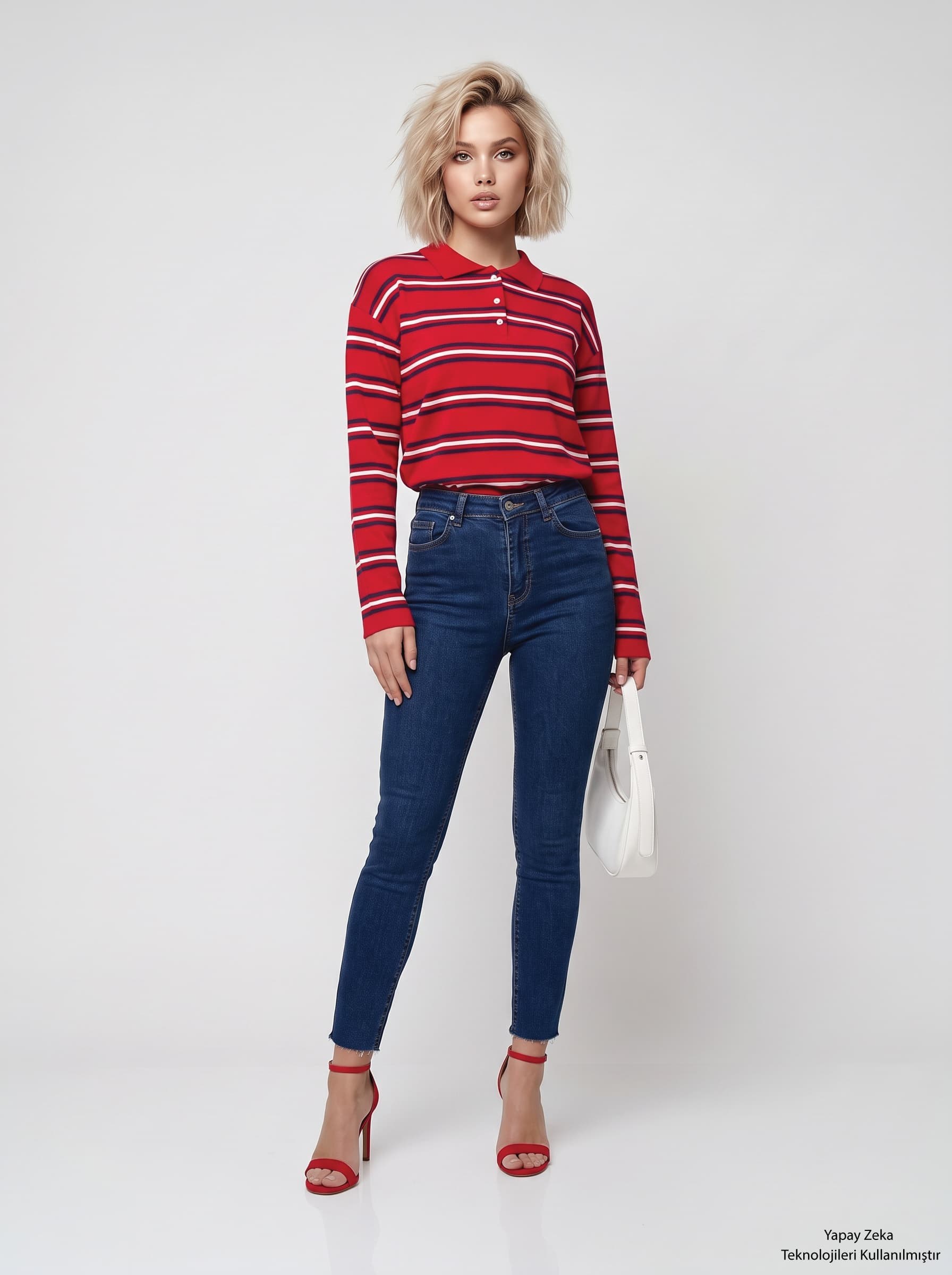İki İplik Polo Yaka Çizgili Sweatshirt Kırmızı
