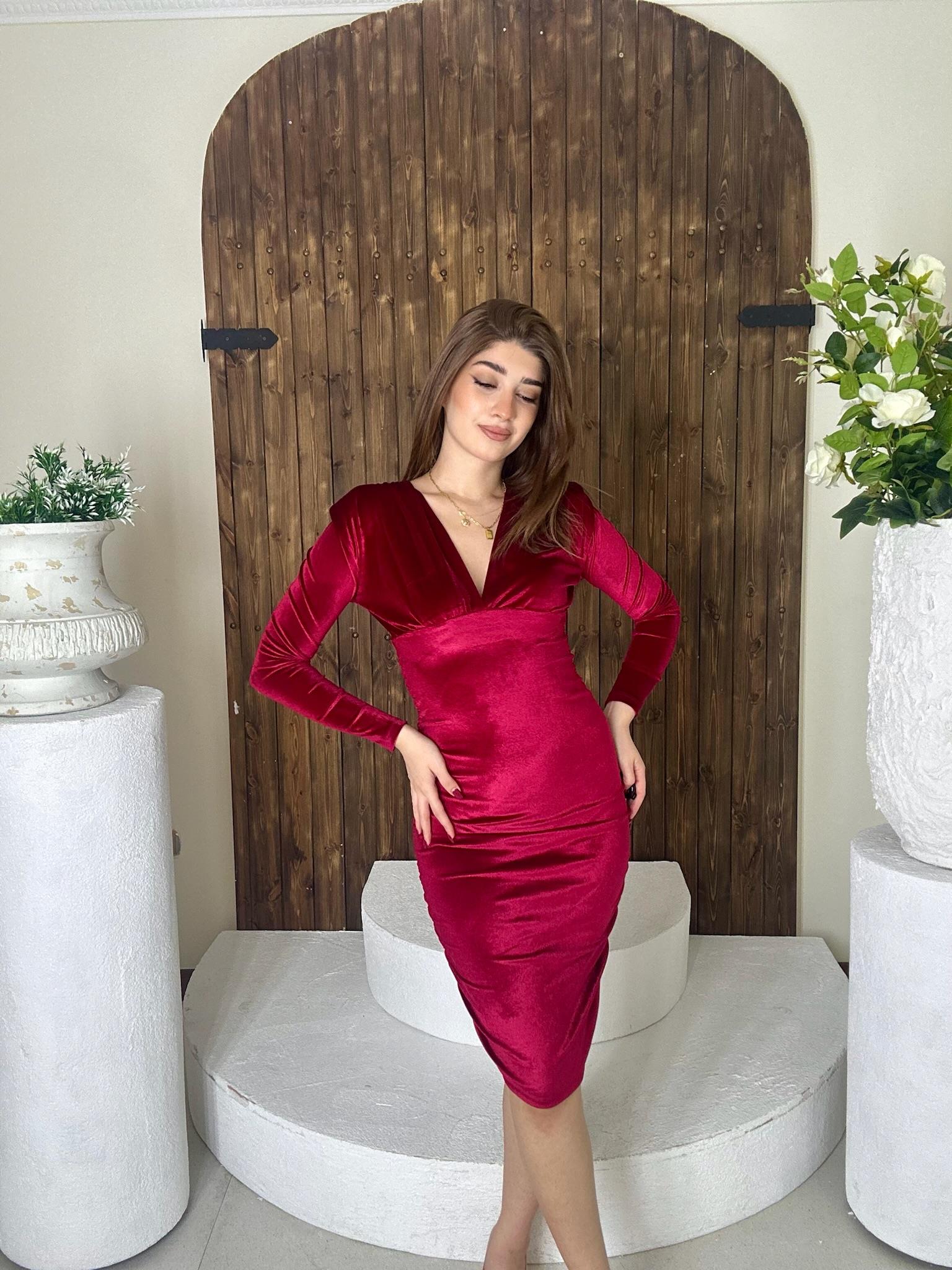 İnci Kadife Derin V Yaka Drapeli Uzun Kollu Tasarım Elbise Bordo