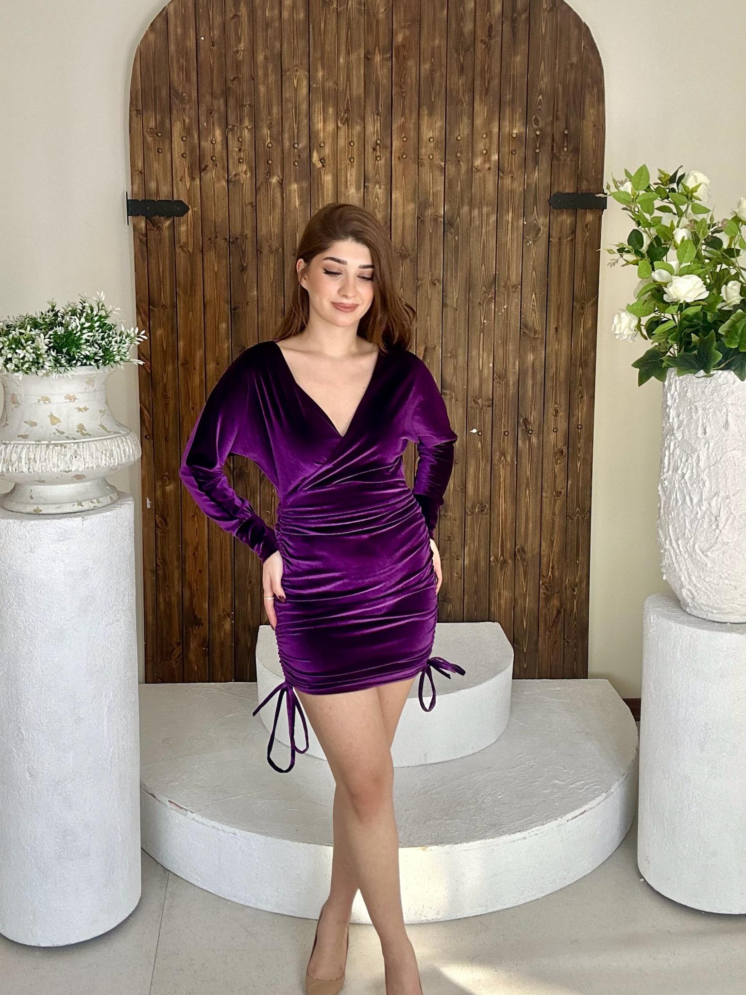 İnci Kadife Kumaş Asansör Büzgülü Kruvaze Elbise Mor