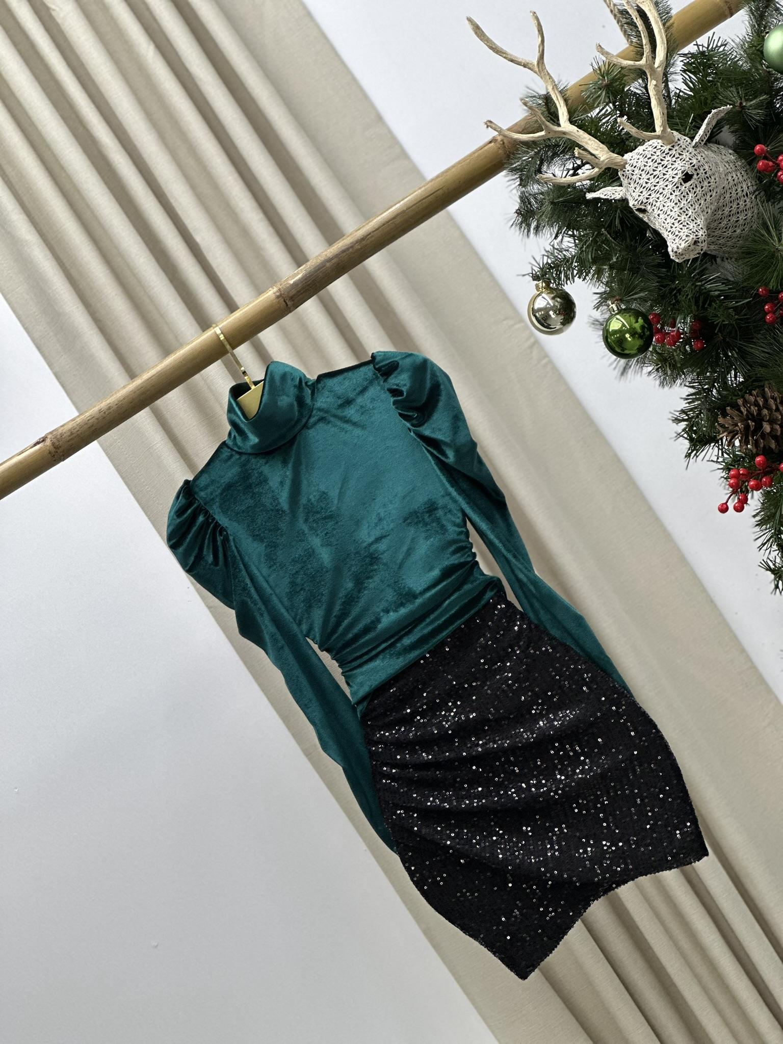 İnci Kadife Kumaş Yarım Balıkçı Kollar Balon Tasarım Bluz 