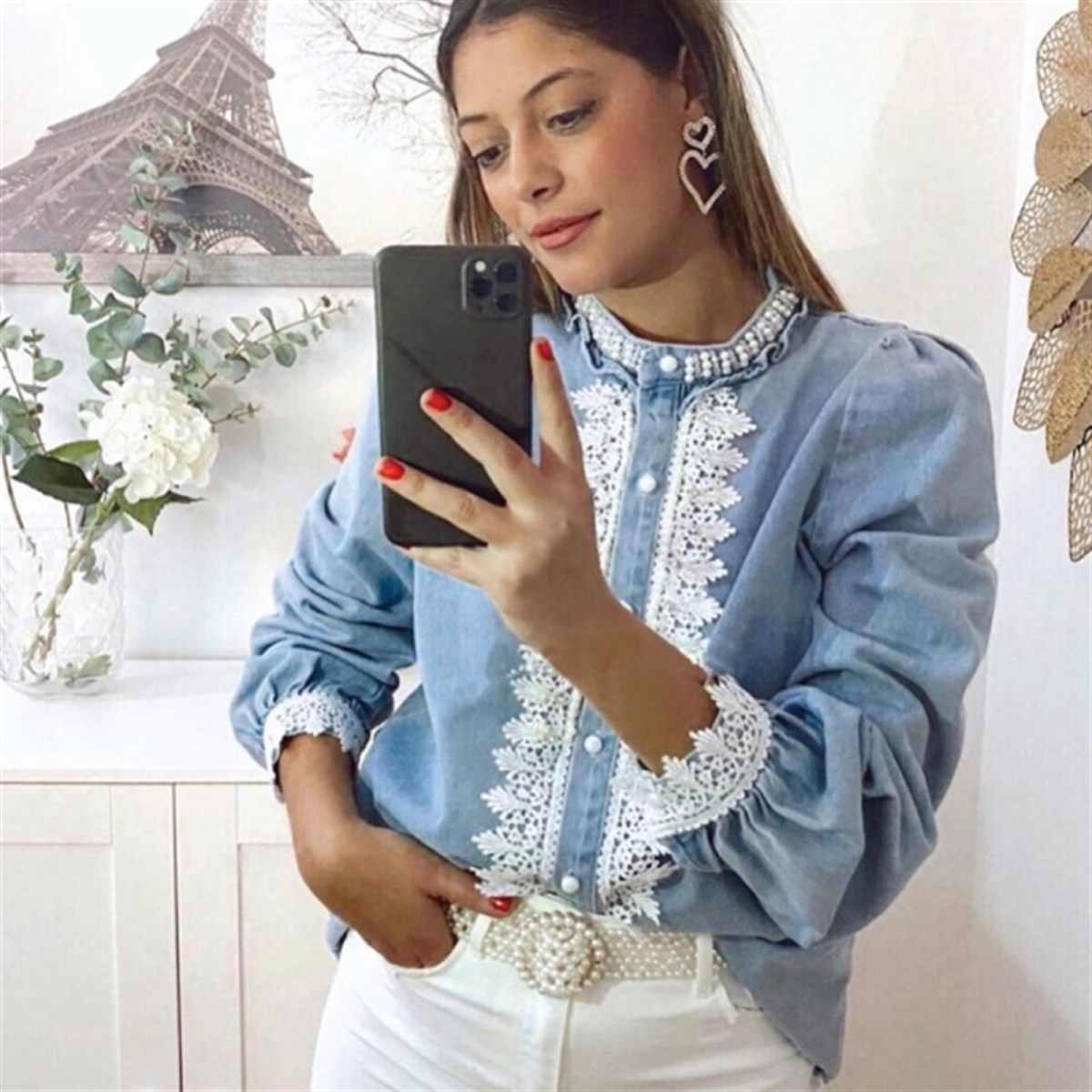İNCİLİ GÜPÜRLÜ JEAN GÖMLEK