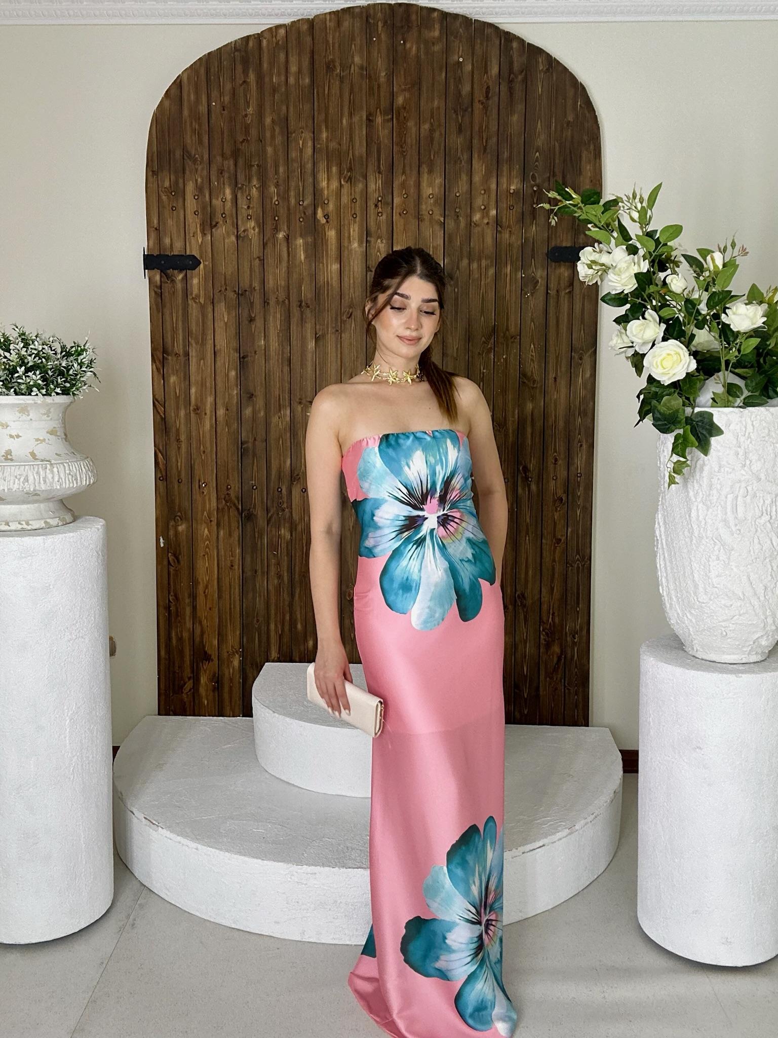 İpek Saten Kumaş Dijital Çiçek Desen Straplez Uzun Elbise Pudra