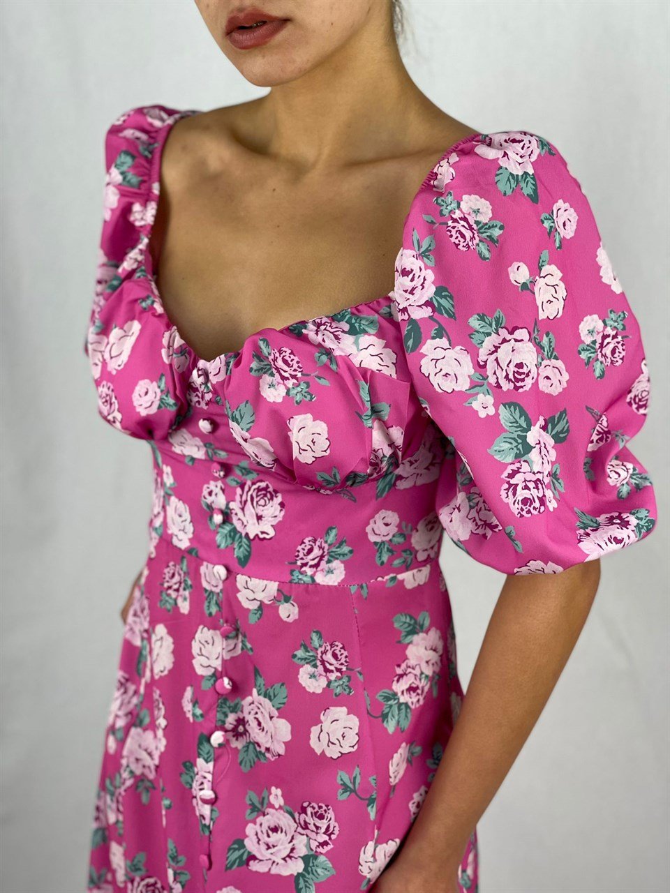 İthal Crep Kumaş Göğüs Büzgülü Elbise - Pembe