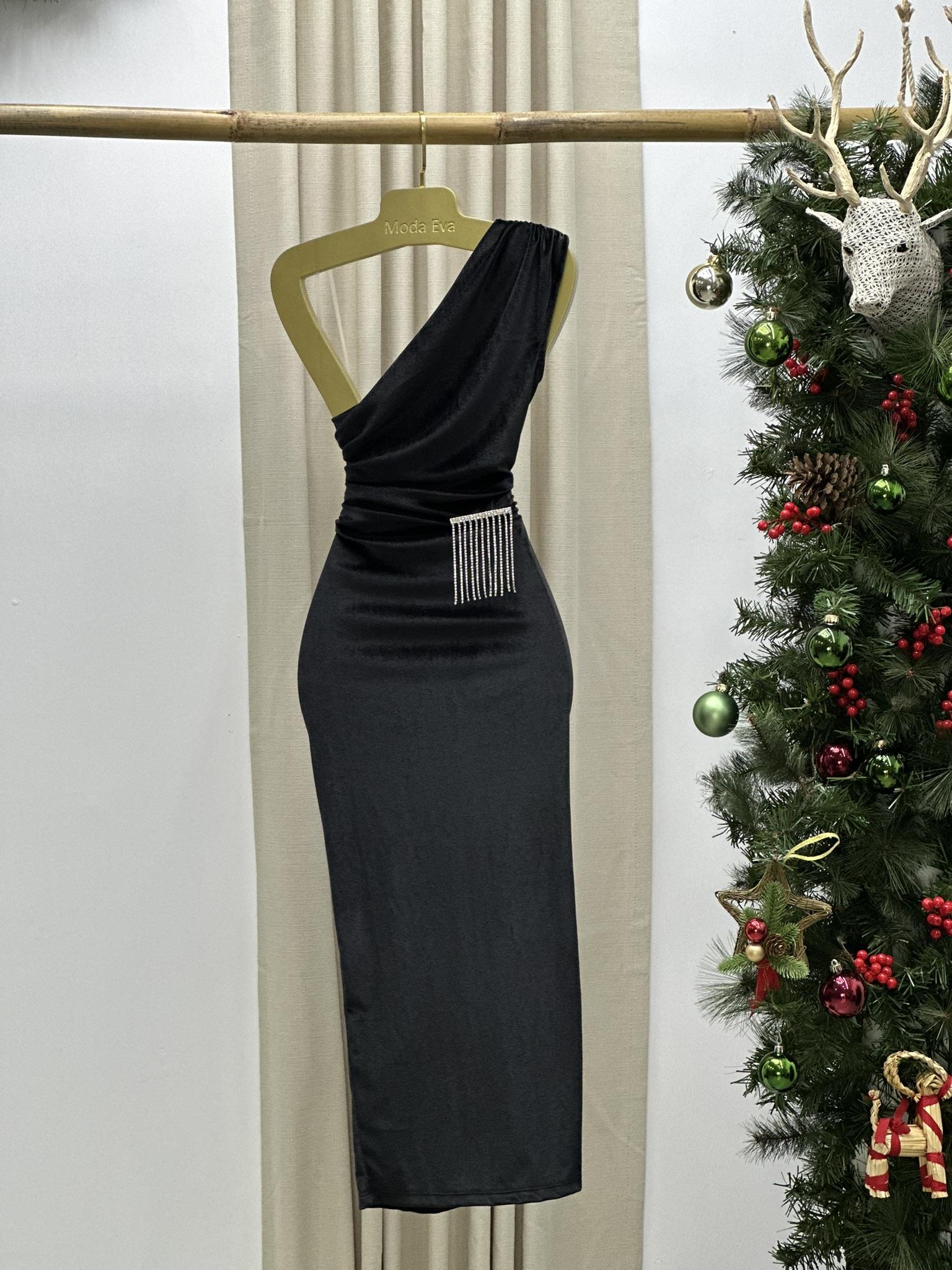 İthal Kadife Kumaş Tek Omuz Detay Kalem Elbise Siyah