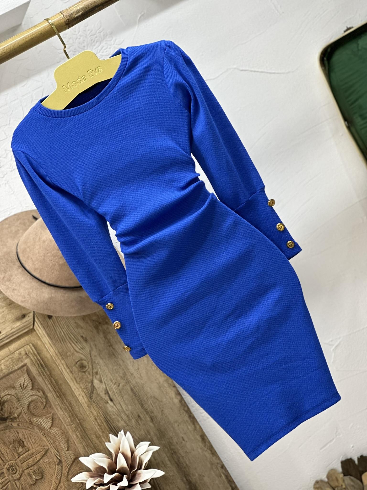 İthal Kaşkorse Kumaş Balon Kol Düğme Detaylı Saks  Kalem Elbisemiz