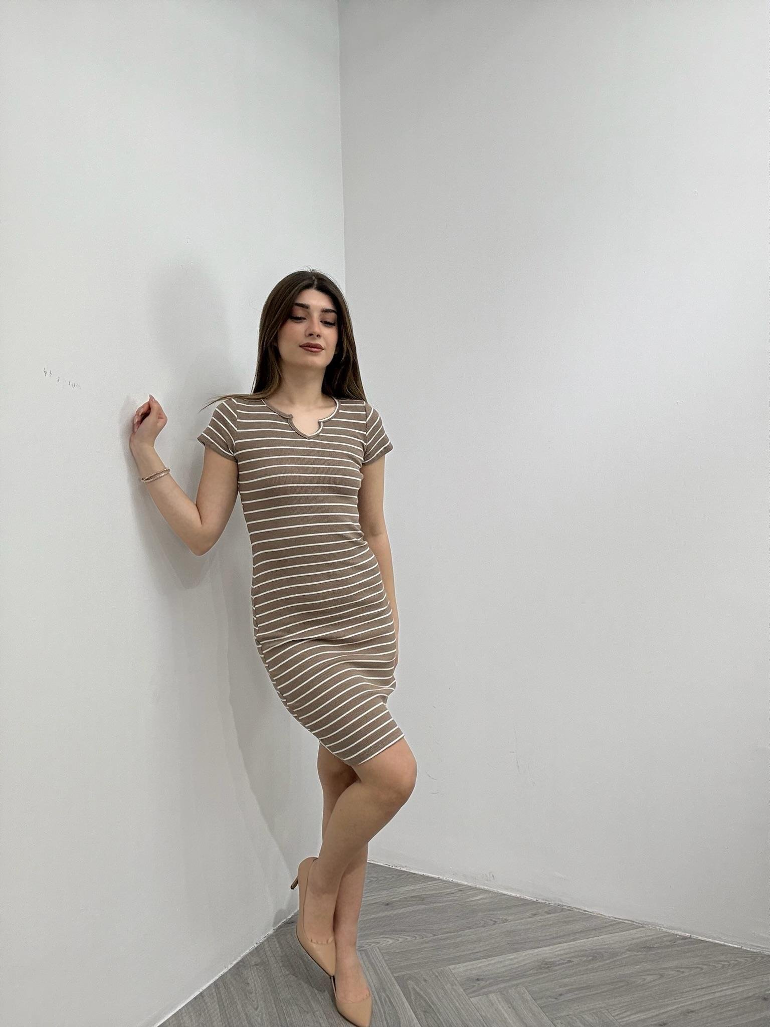 İthal Kaşkorse Kumaş Çizgi Desen Kalem Elbise