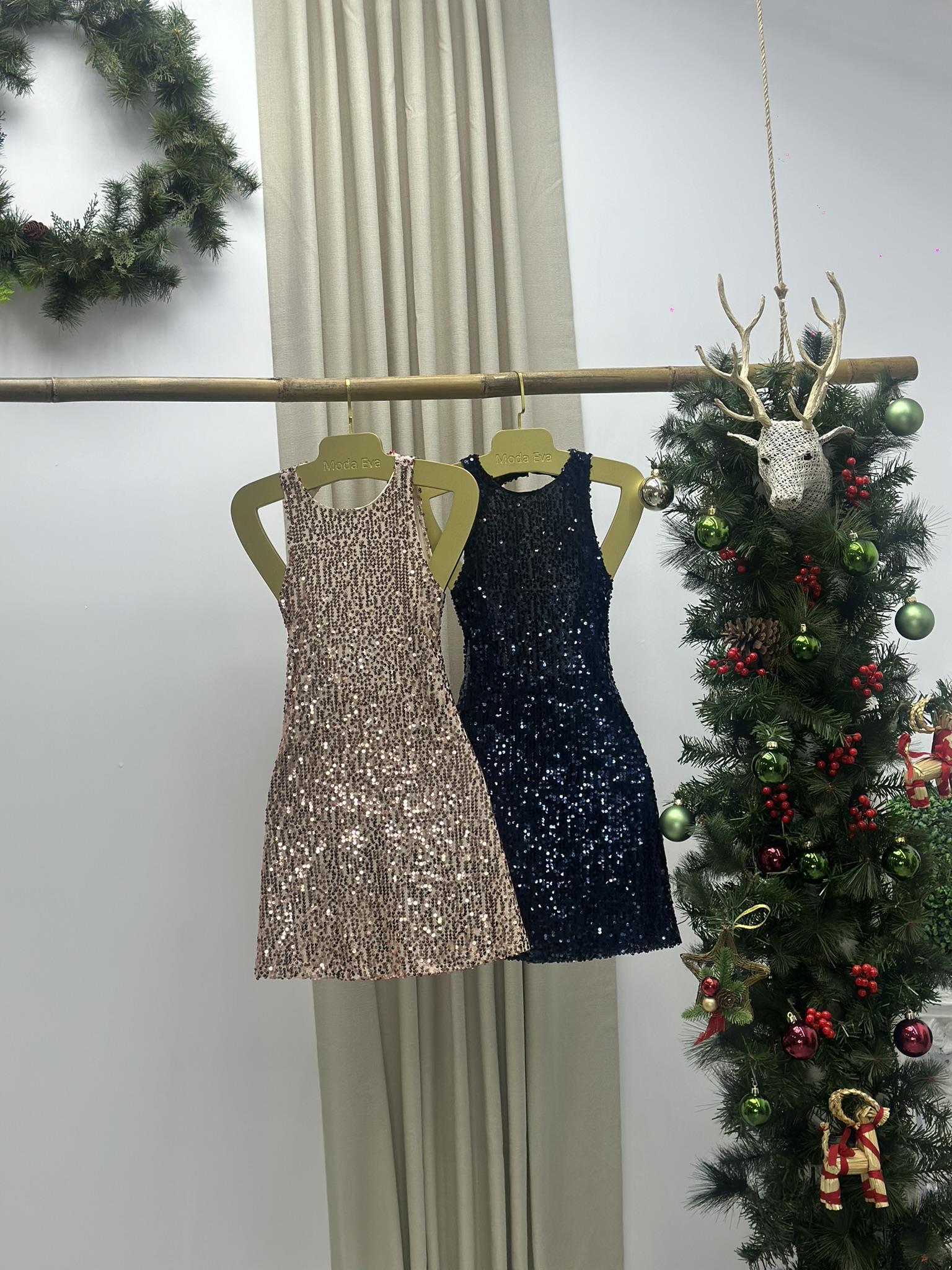 İthal Payet Kumaş Sırt Dekolteli Tasarım Mini Elbise Lacivert