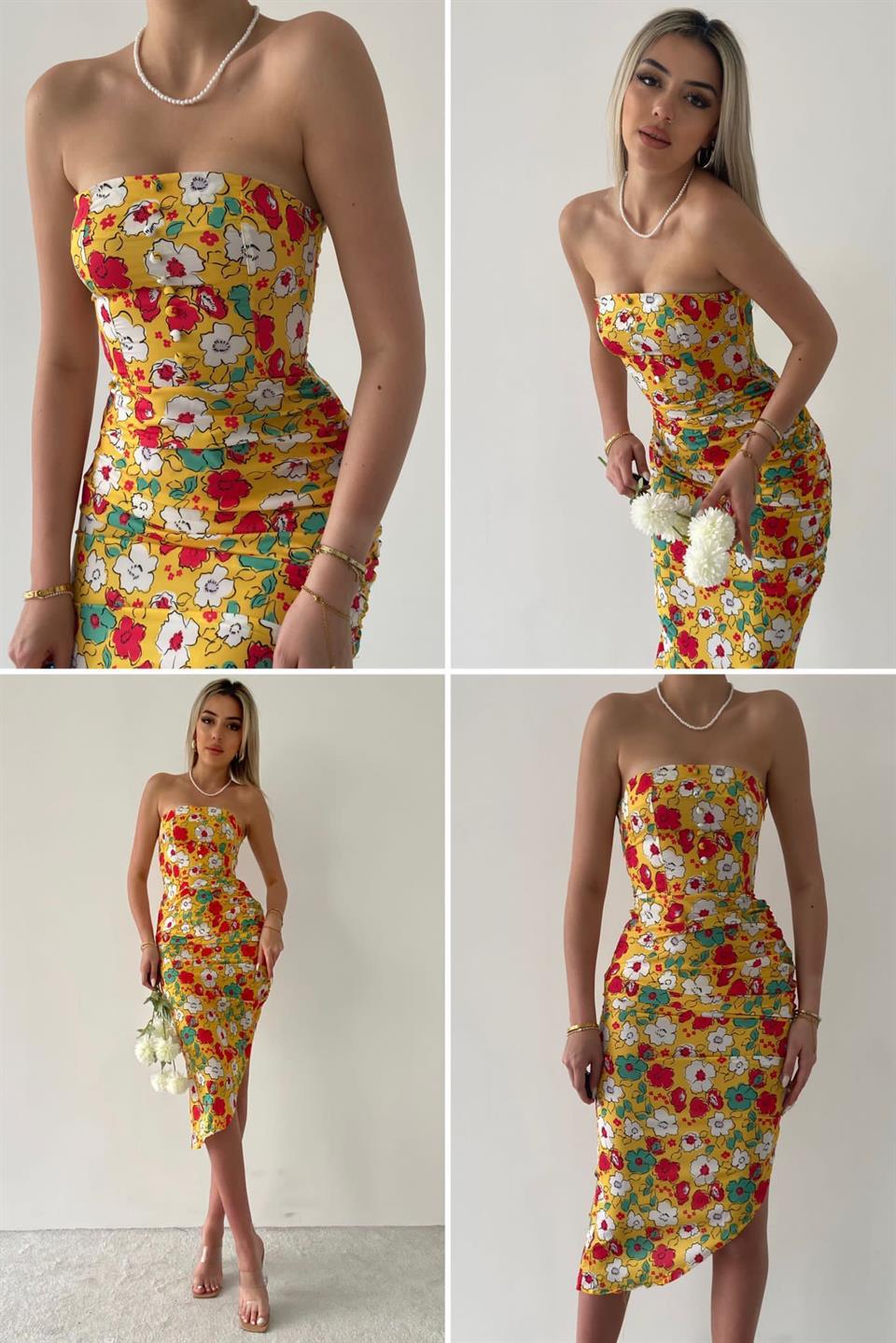 İthal Poplin Kumaş Çiçek Desenli Eteği Asimetrik KalemmElbise 