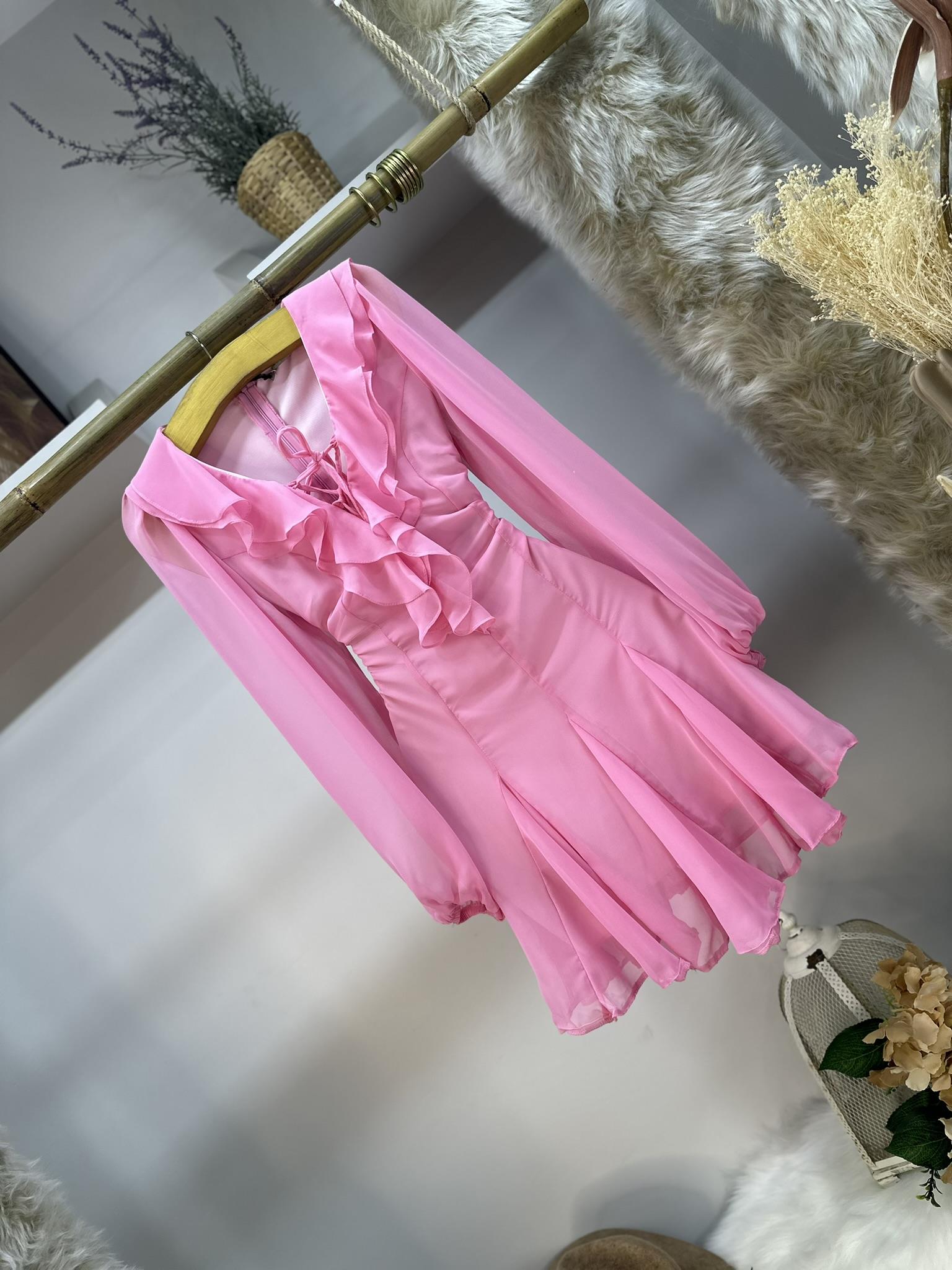 İthal Şifon Kumaş Yaka Volanlı Kloş Tasarım Elbise