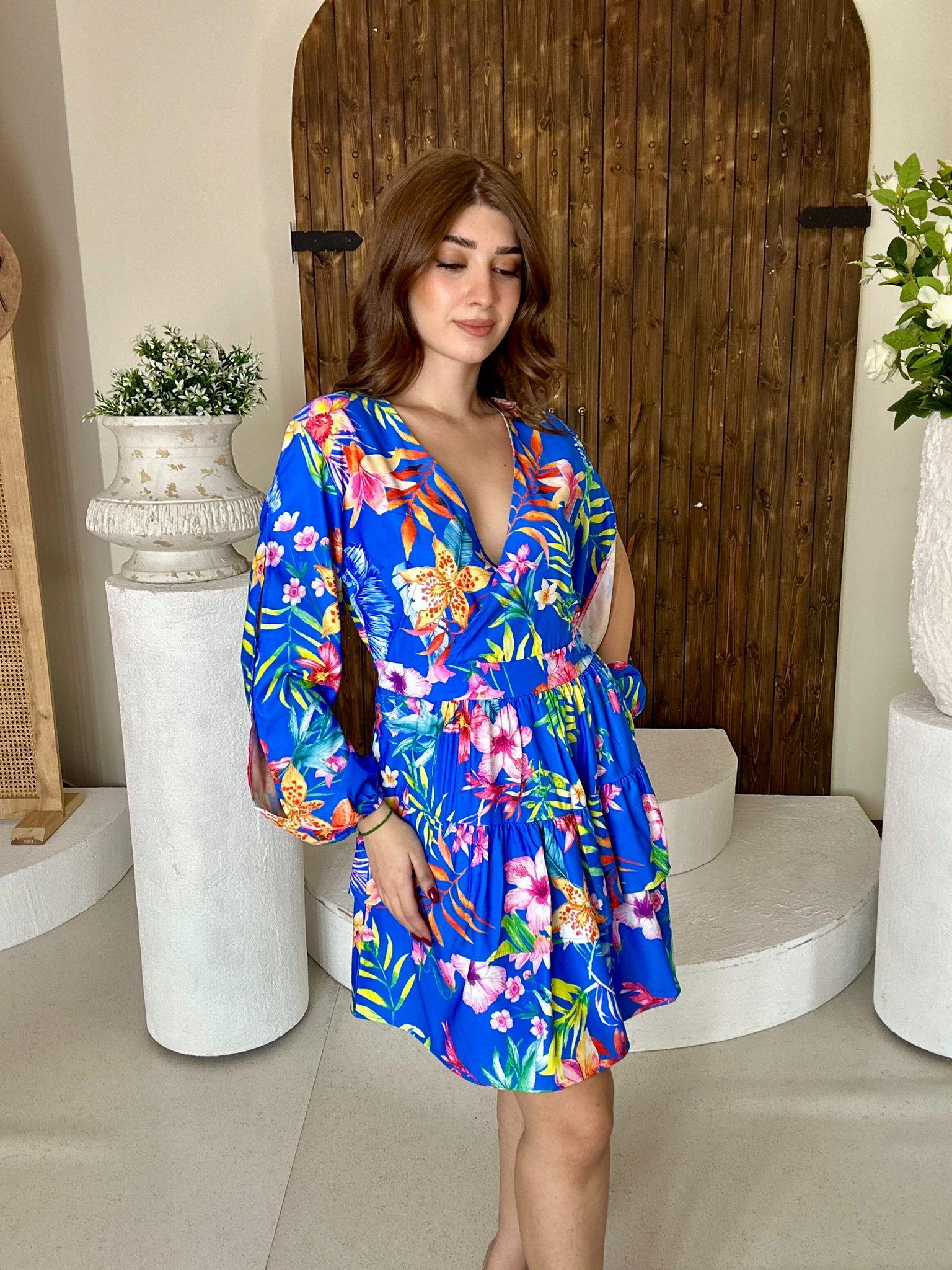 Jenifer Kumaş Çiçek Desen Kol Dekolteli Kloş Elbise