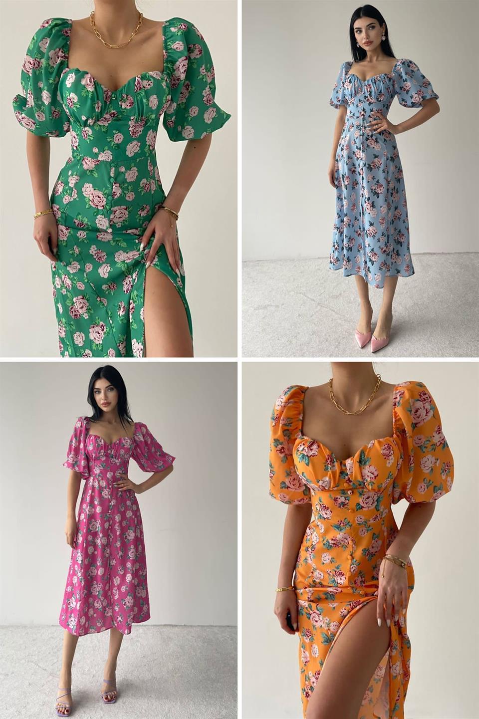 Jenifer Kumaş Karpuz Kol Göğüs Dolgulu Midi Boy Elbise