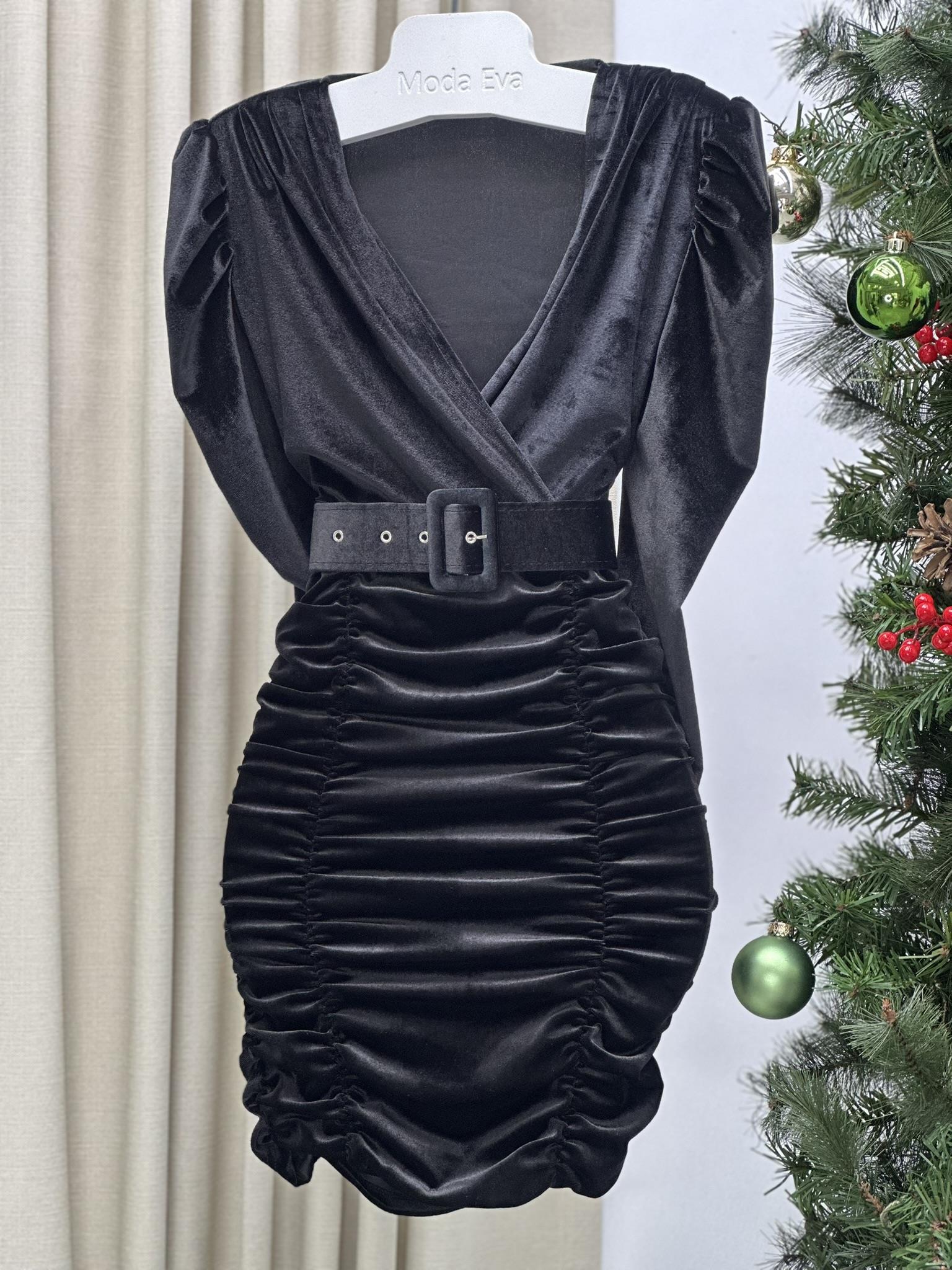 Kadife Kaplama Kemerli Drapeli Elbisemiz Siyah