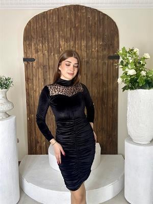 Kadife Kumaş Drapeli Flog Tül Detaylı Kalem Elbise 