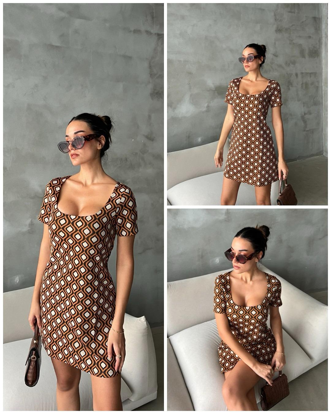 Kahve ve Krem Retro Desenli Triko Elbise