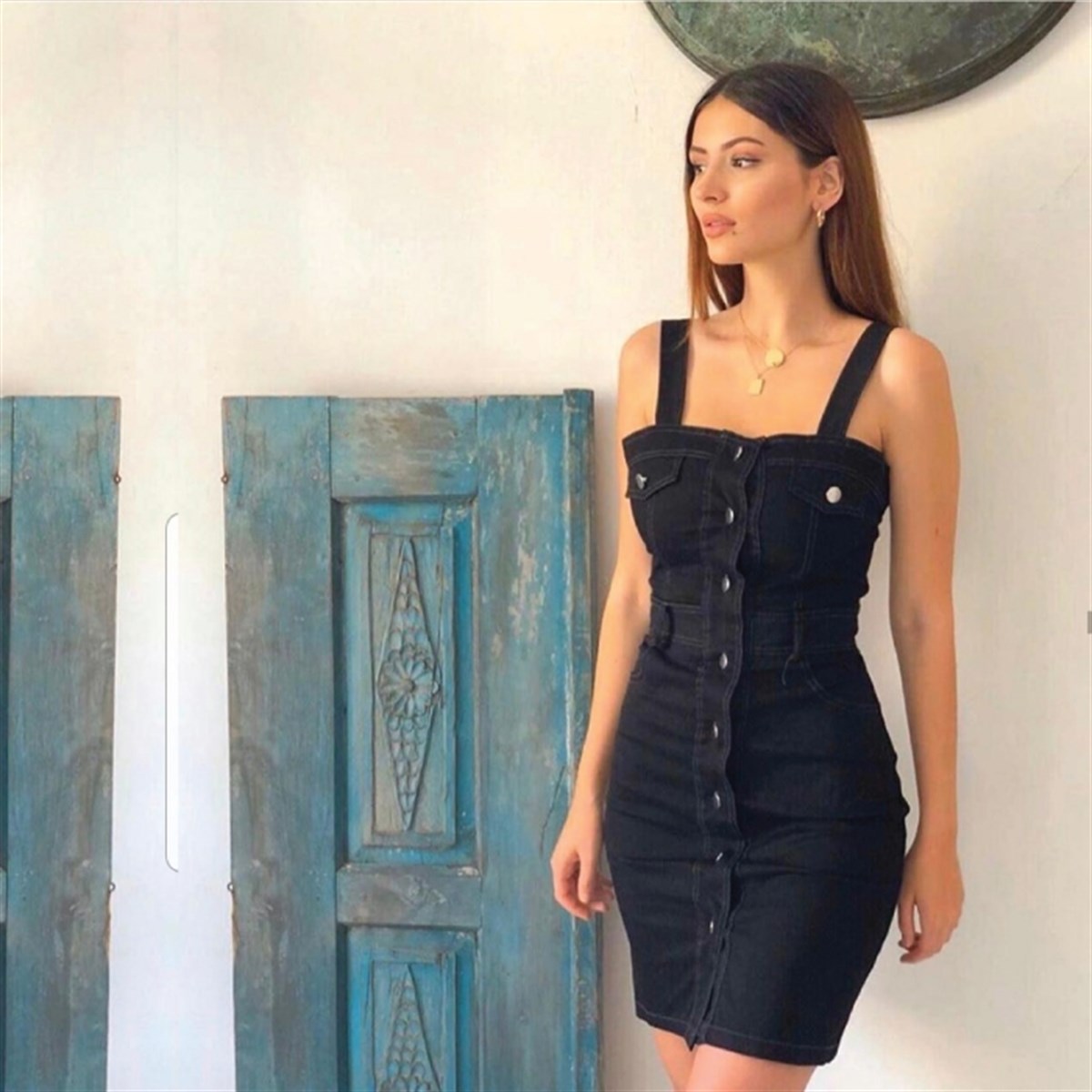 KALIN ASKILI DÜĞME DETAY SİYAH JEAN ELBİSE