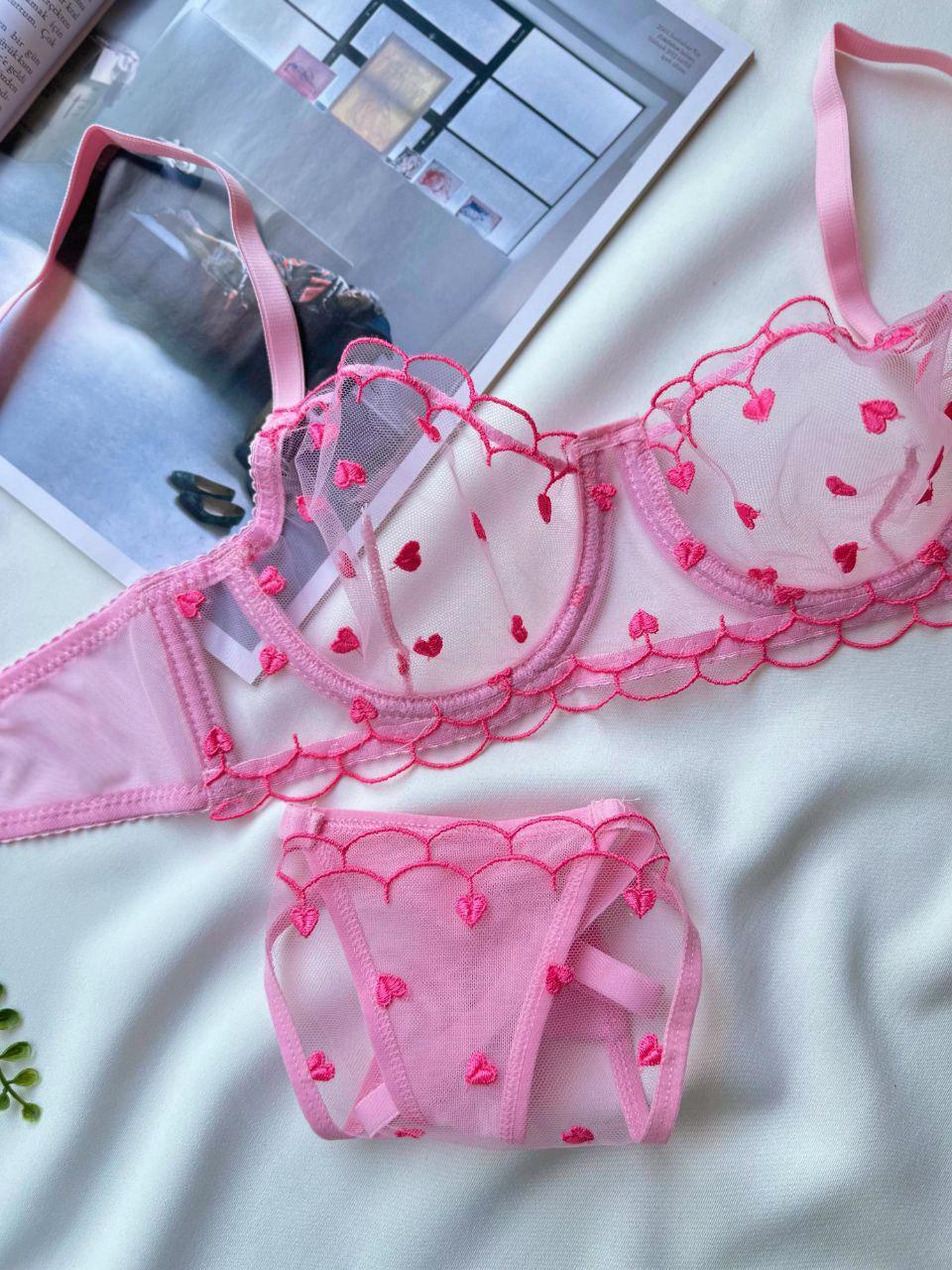 Kalp Nakışlı Balenli Tül Sütyen Takım Pudra