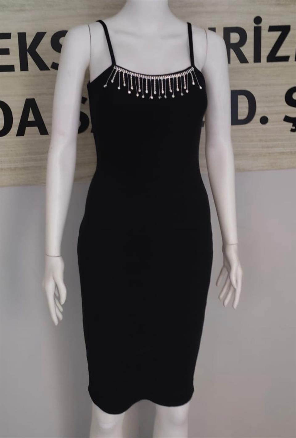 Kaşkorse Kumaş Askılı Yaka Taş Detay Kalem Elbise