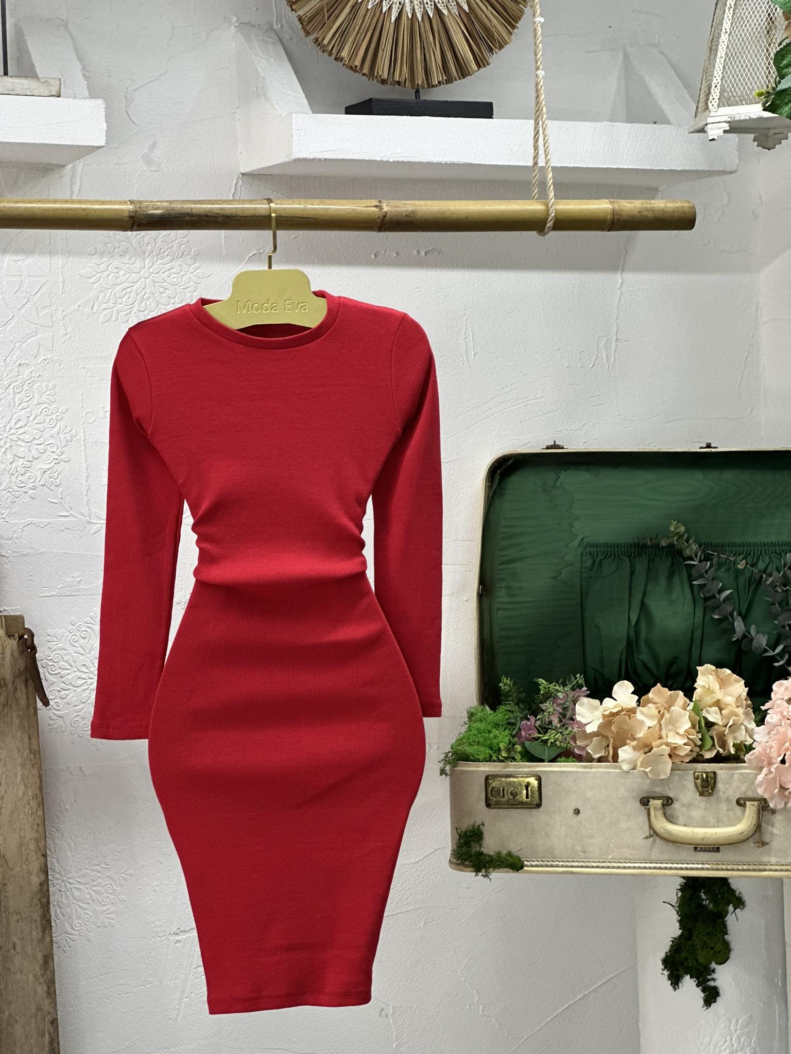 Kaşkorse Kumaş Basic Yuvarlak Yaka Uzun Kollu Kalem Kırmızı Elbise