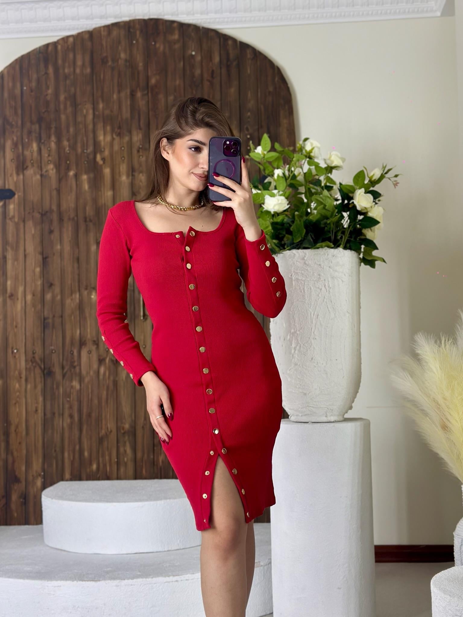 Kaşkorse Kumaş Çıtçıtlı Kalem Elbisemiz Kırmızı
