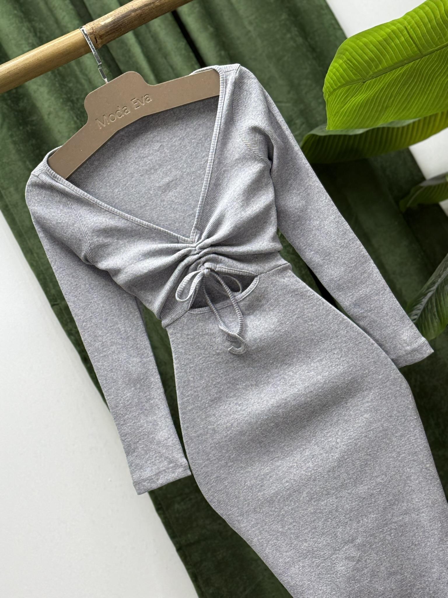 Kaşkorse Kumaş Göğüs Büzgülü Uzun Kollu Gri Kalem Elbise