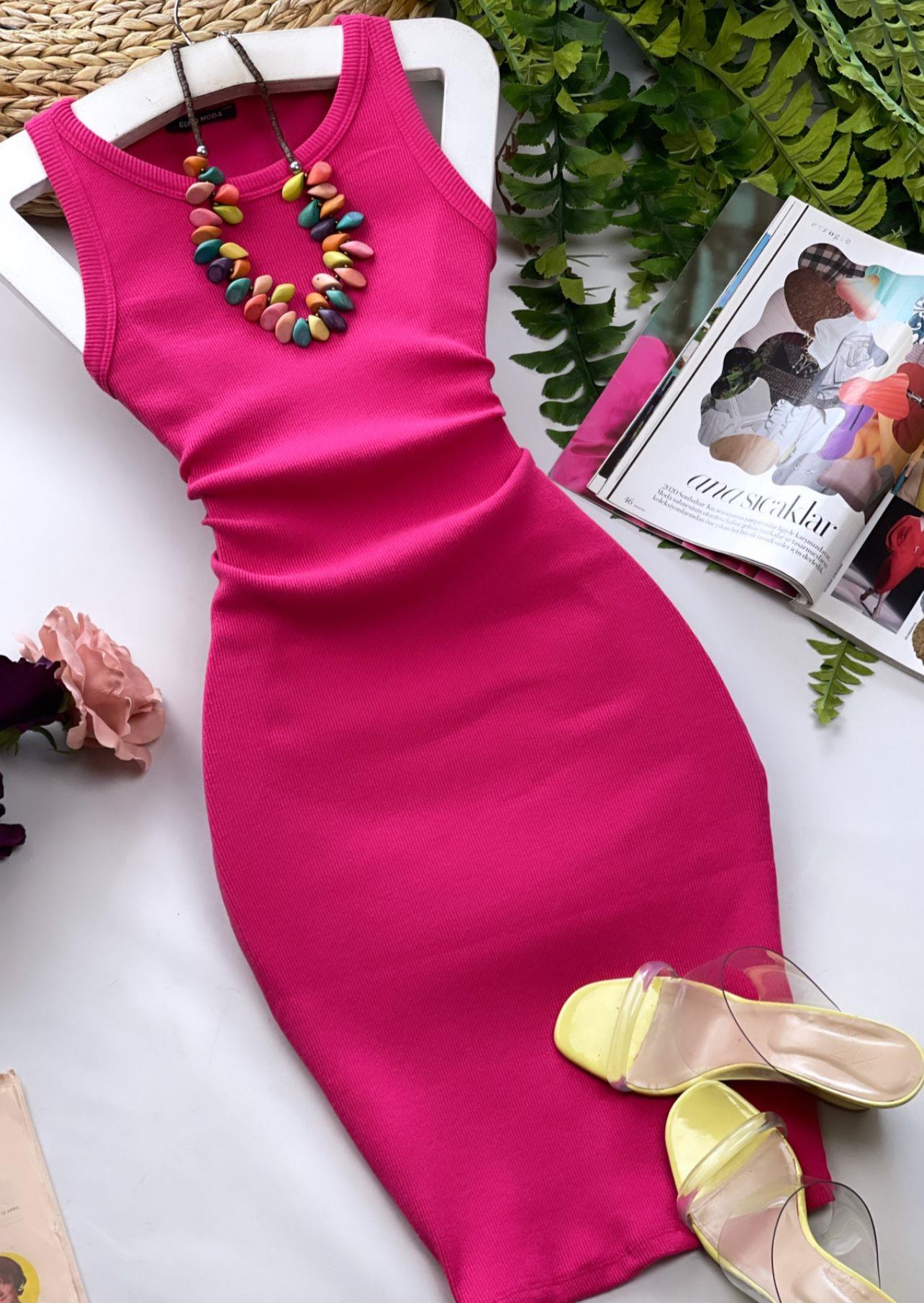 Kaşkorse Kumaş Halter Yaka Basic Kalem Elbise