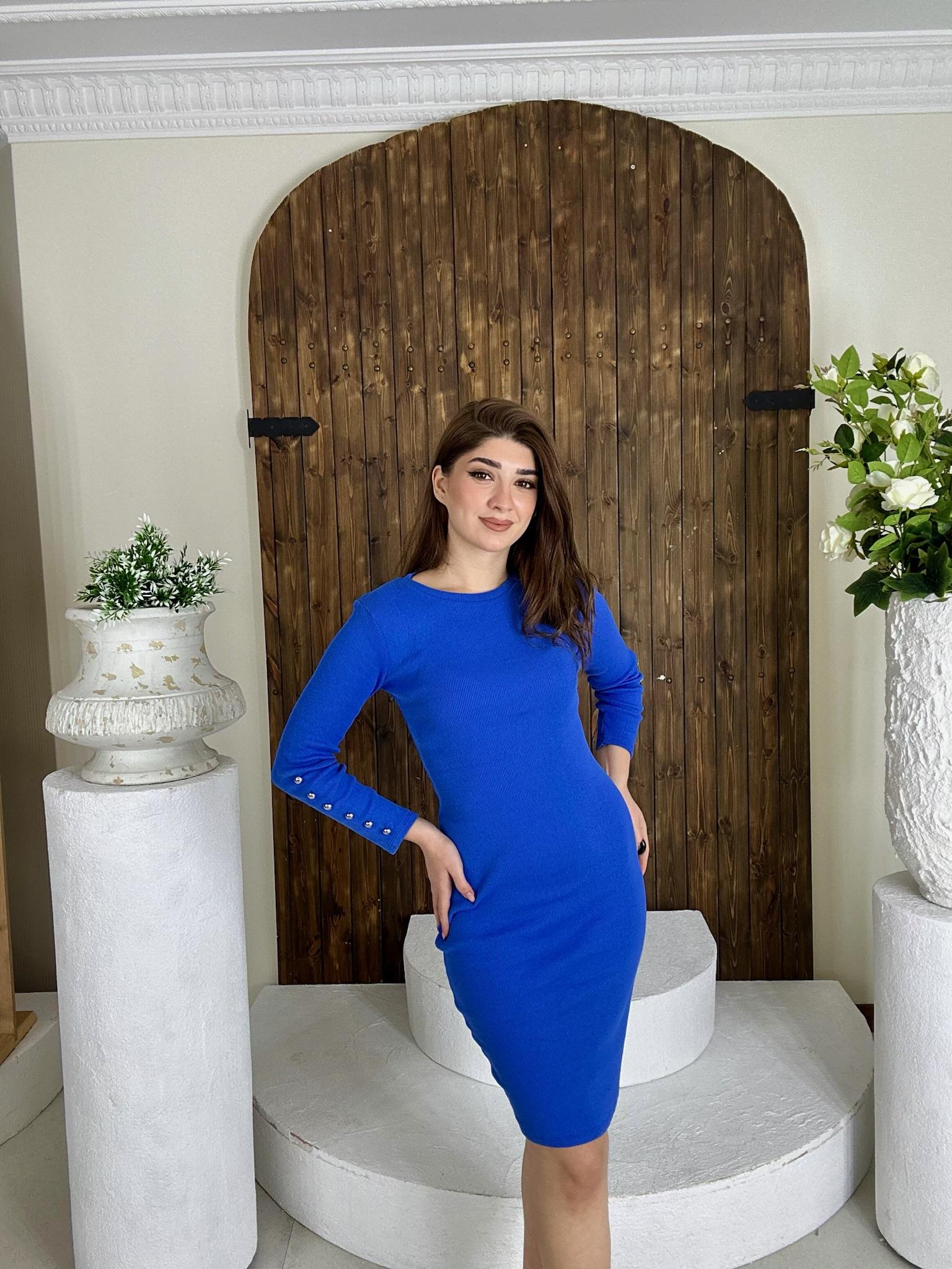 Kaşkorse Kumaş Kollar Düğme Detaylı Saks Kalem Elbise