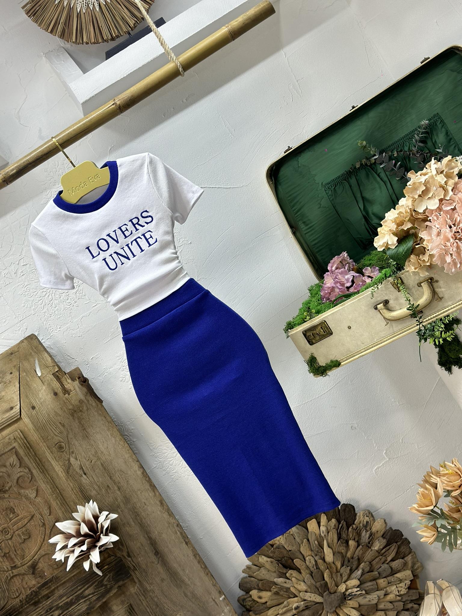 Kaşkorse Kumaş Nakışlı Lover Etekli İkili Takım Saks