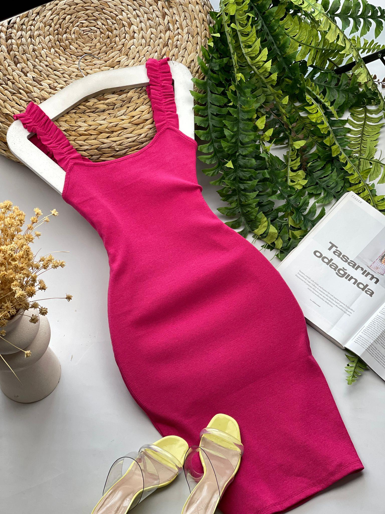 Kaşkorse Kumaş Omuz Fırfırlı Elbise