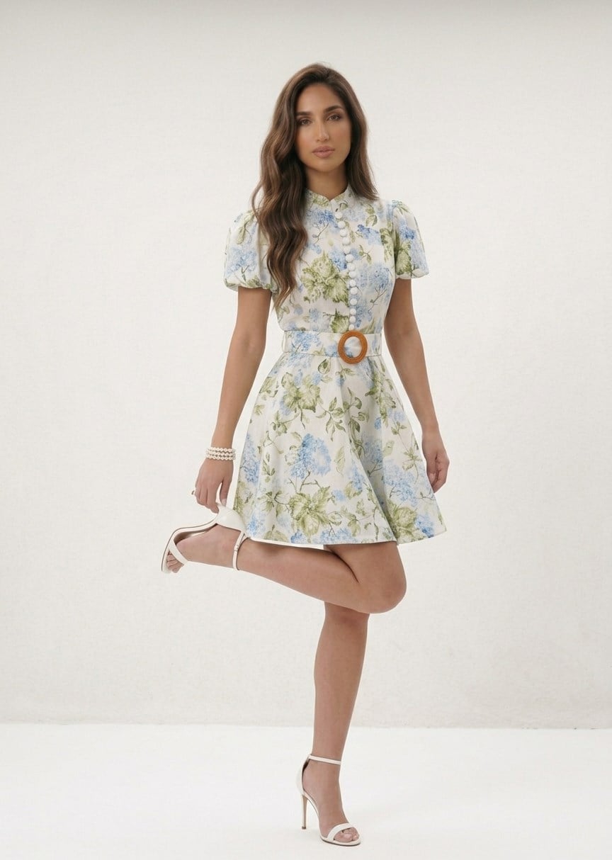 Keten Kumaş Balon Kol Brit Düğmeli Çiçek Desenli Kemerli Elbise Mavi