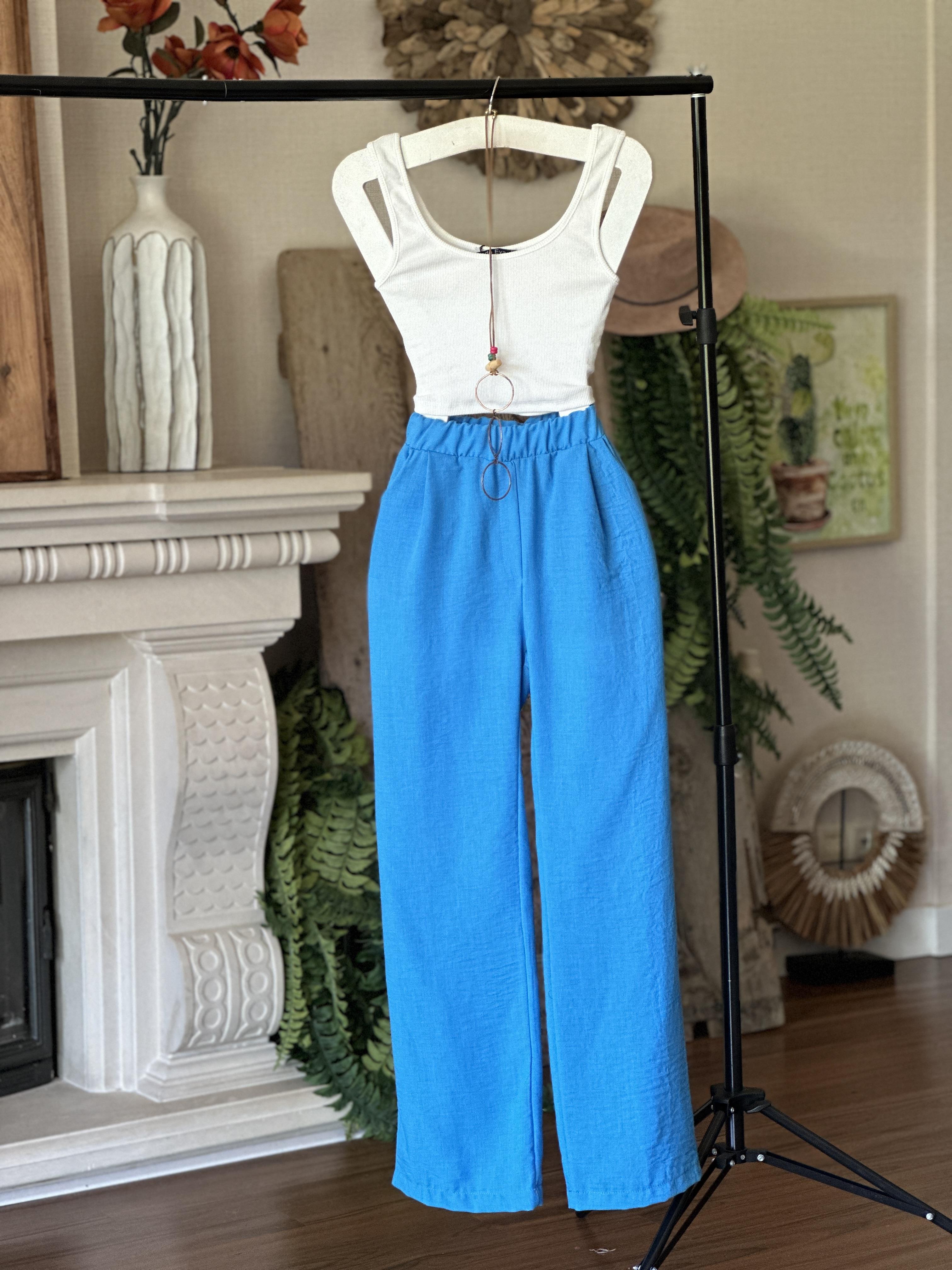 Keten Kumaş Beli Lastikli Palazzo Pantolon