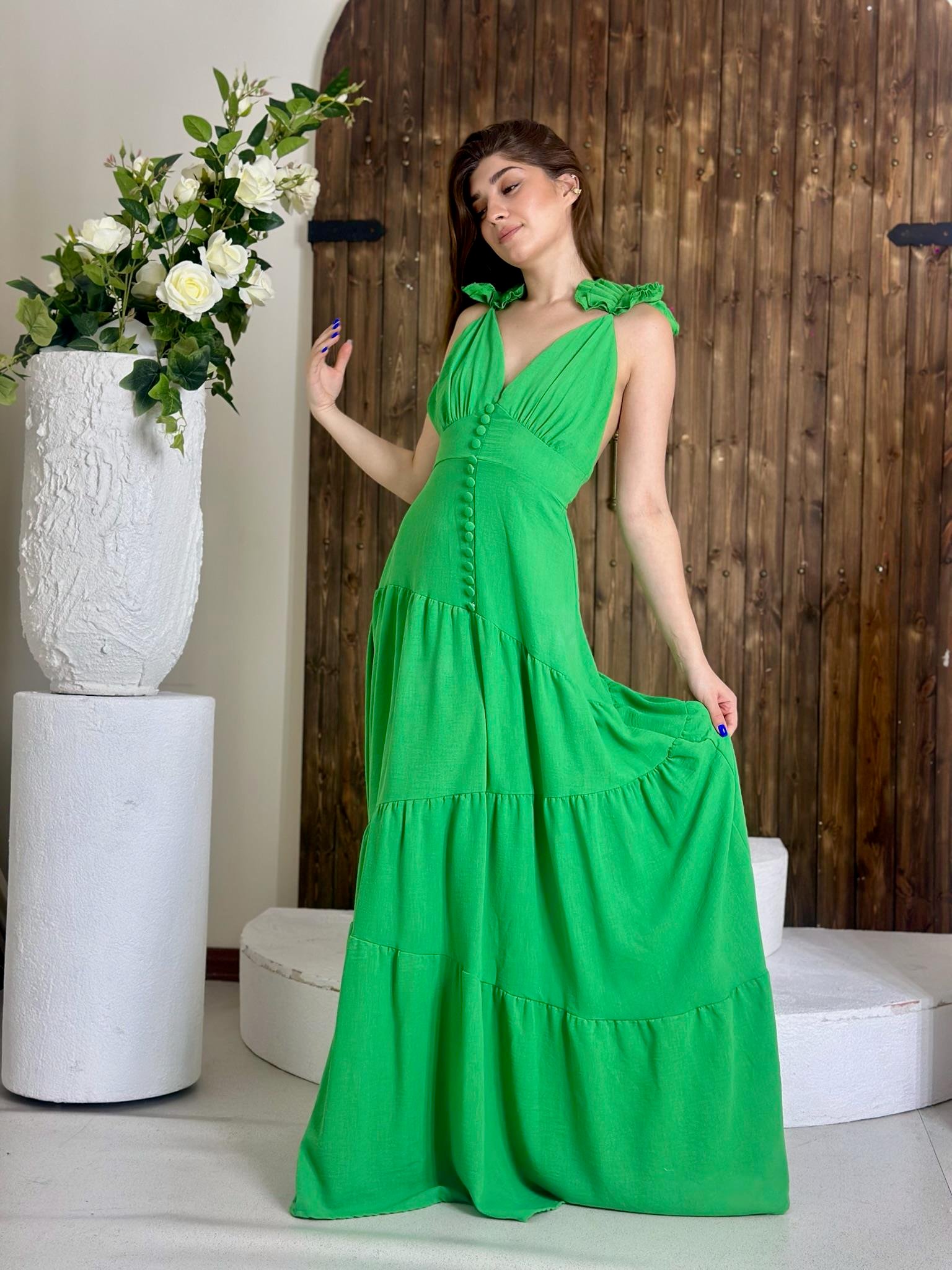 Keten Kumaş Fırfır Detaylı Kaplama Düğmeli Tasarım Uzun Elbise