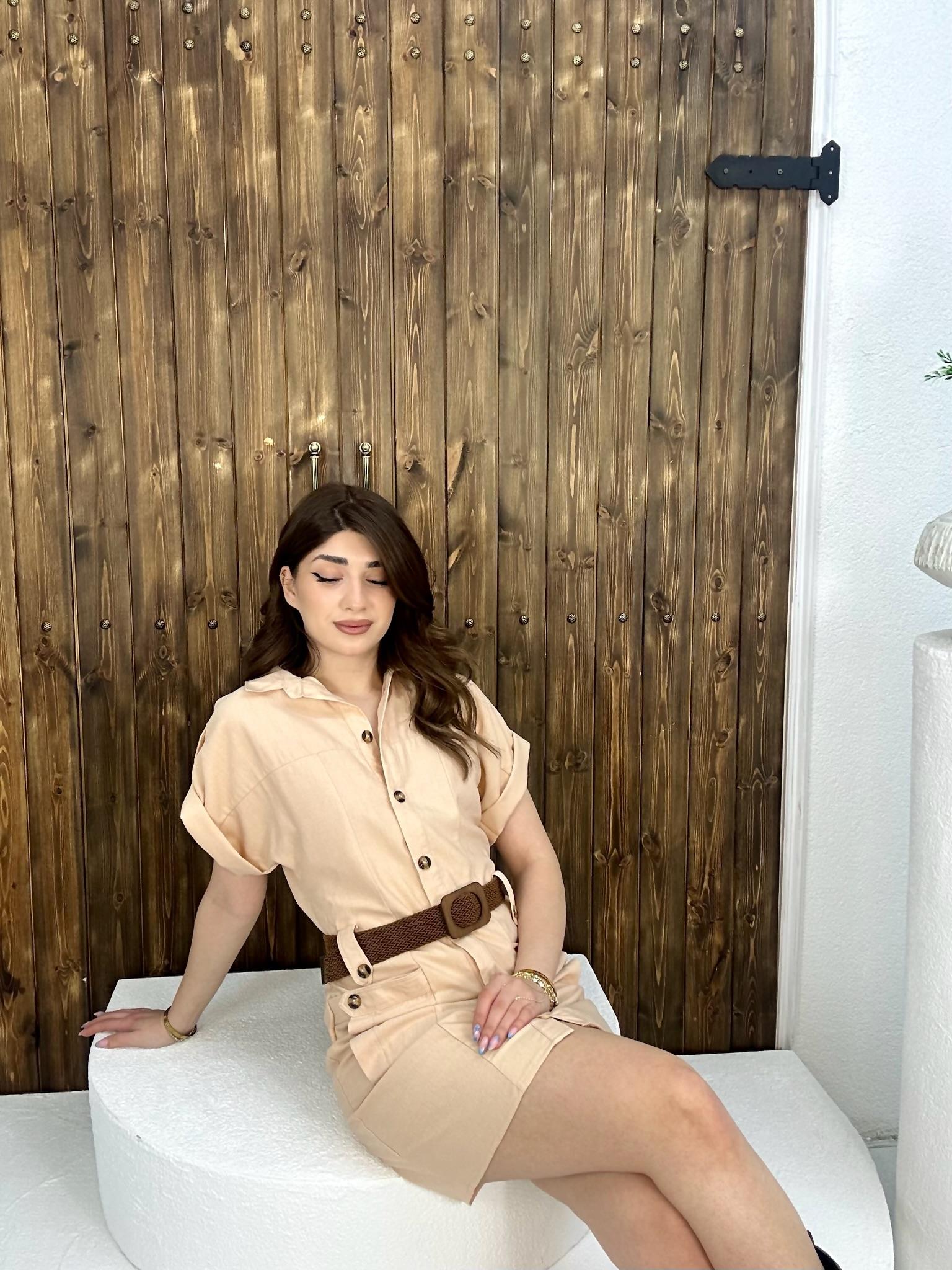 Keten Kumaş Kemer Dahil Safari Gömlek Elbise