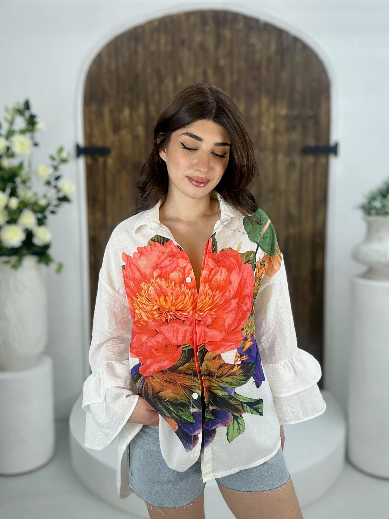 Keten Kumaş Kol Kat Detaylı Çiçek Tasarım Salaş Gömlek