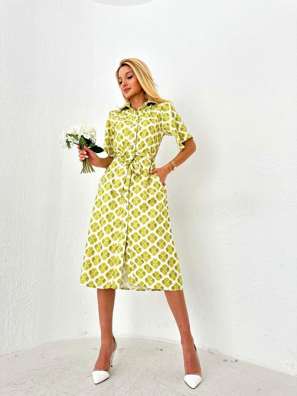 Keten Kumaş Midi Boy Desenli Gömlek Elbise