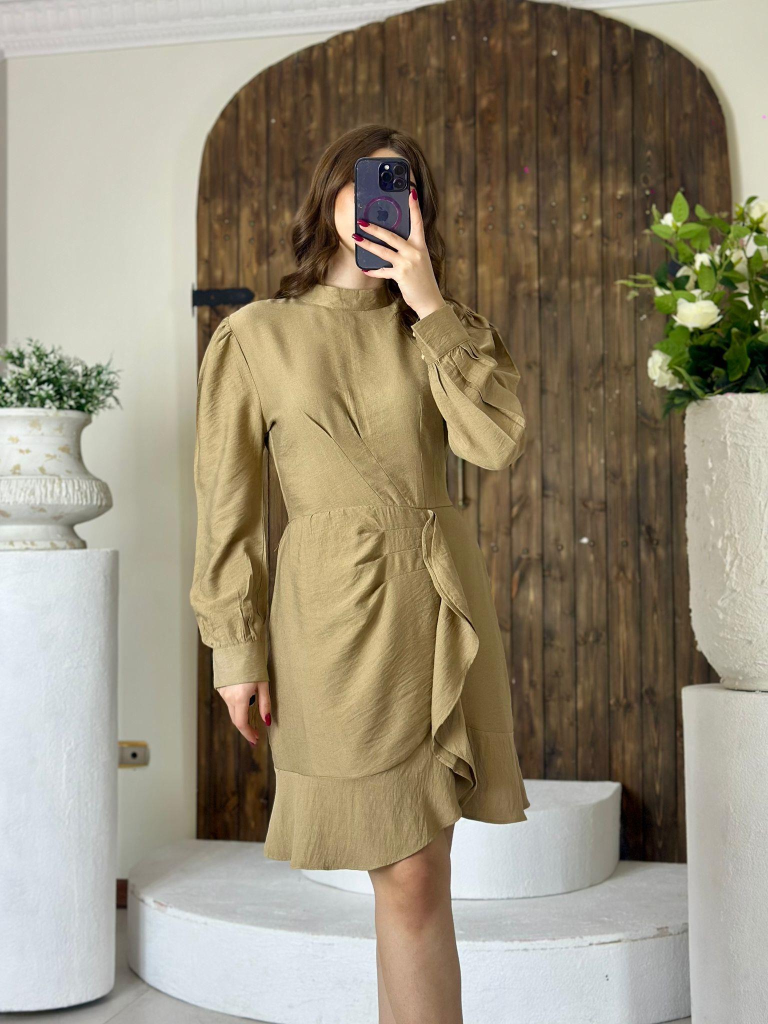 Keten Kumaş Volanlı Elbise