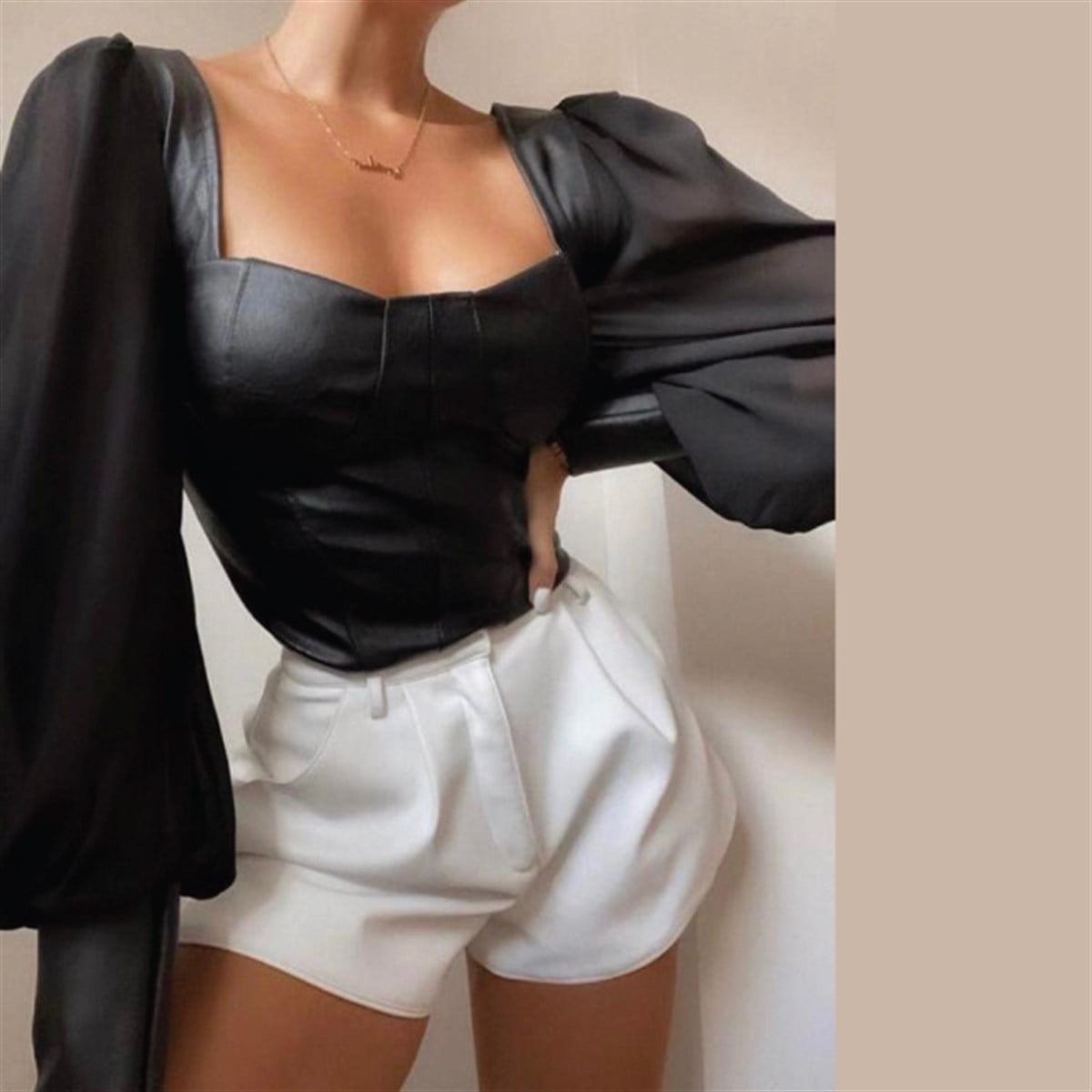 KOLLAR ŞİFON DERİ CROP