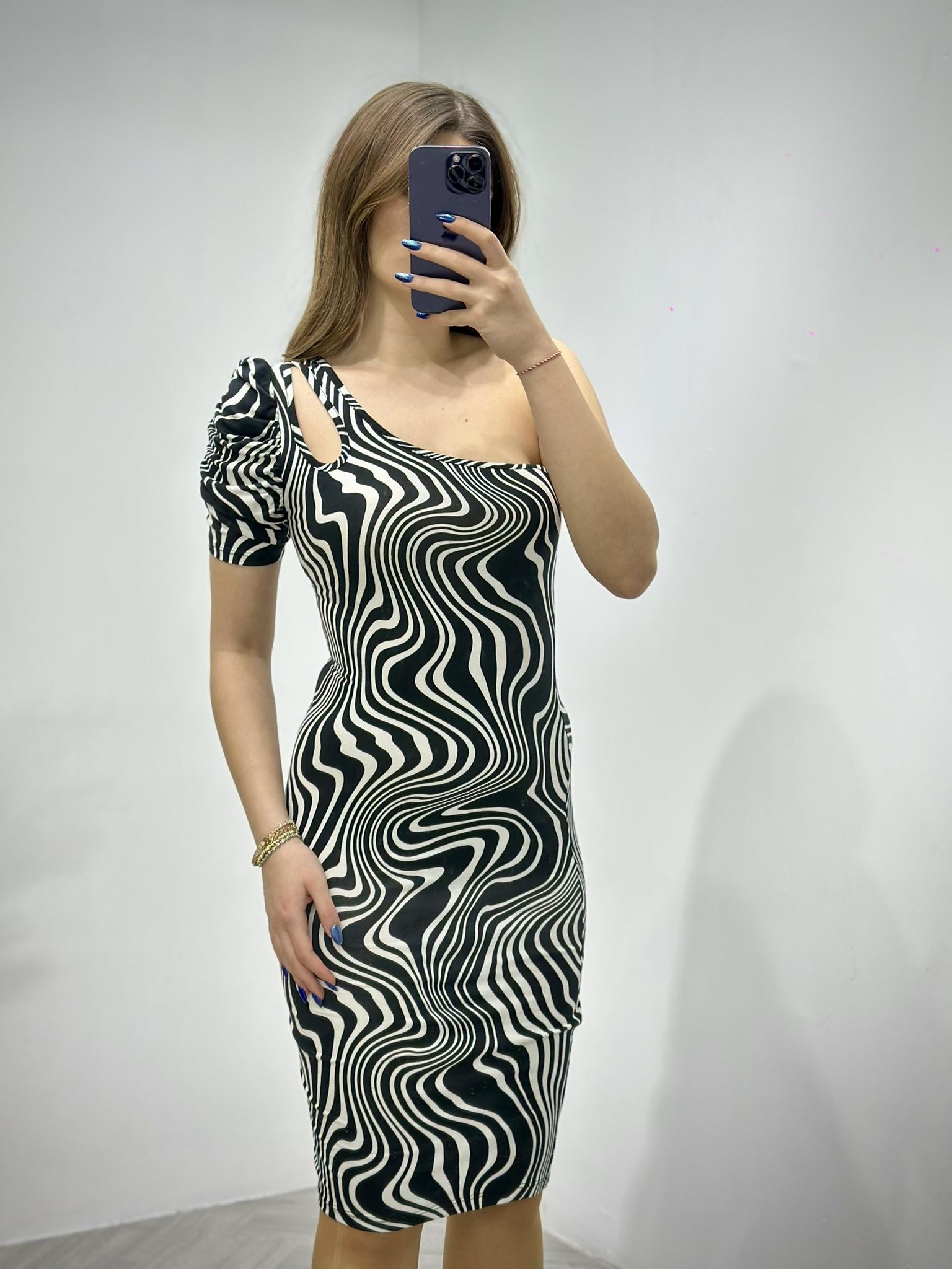 Kristal Pamuk Kumaş Dalga Desenli Tek Kol Kalem  Elbise