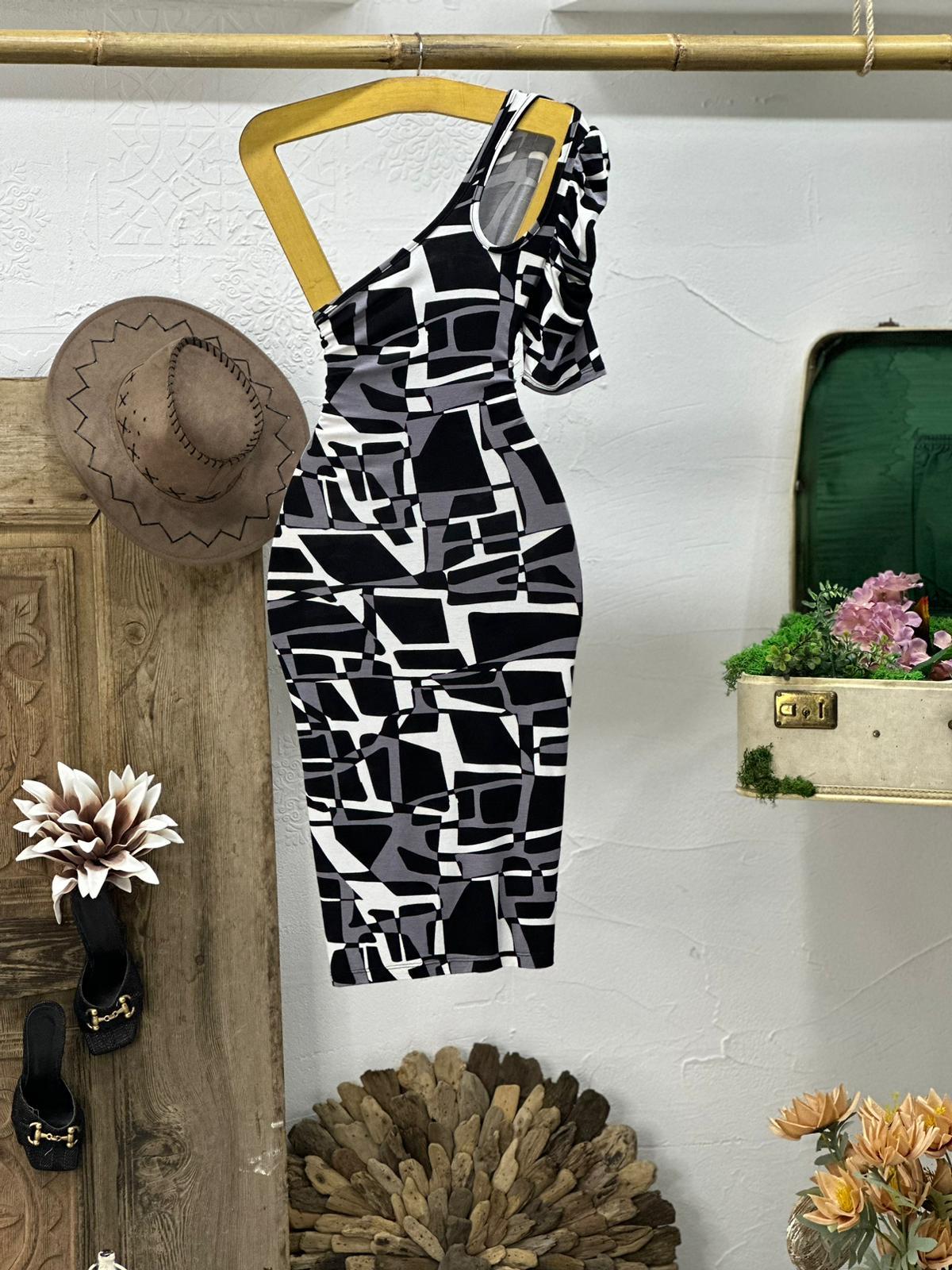 Kristal Pamuk Kumaş Damla Detay Tek Kol Geometrik Desen Elbise