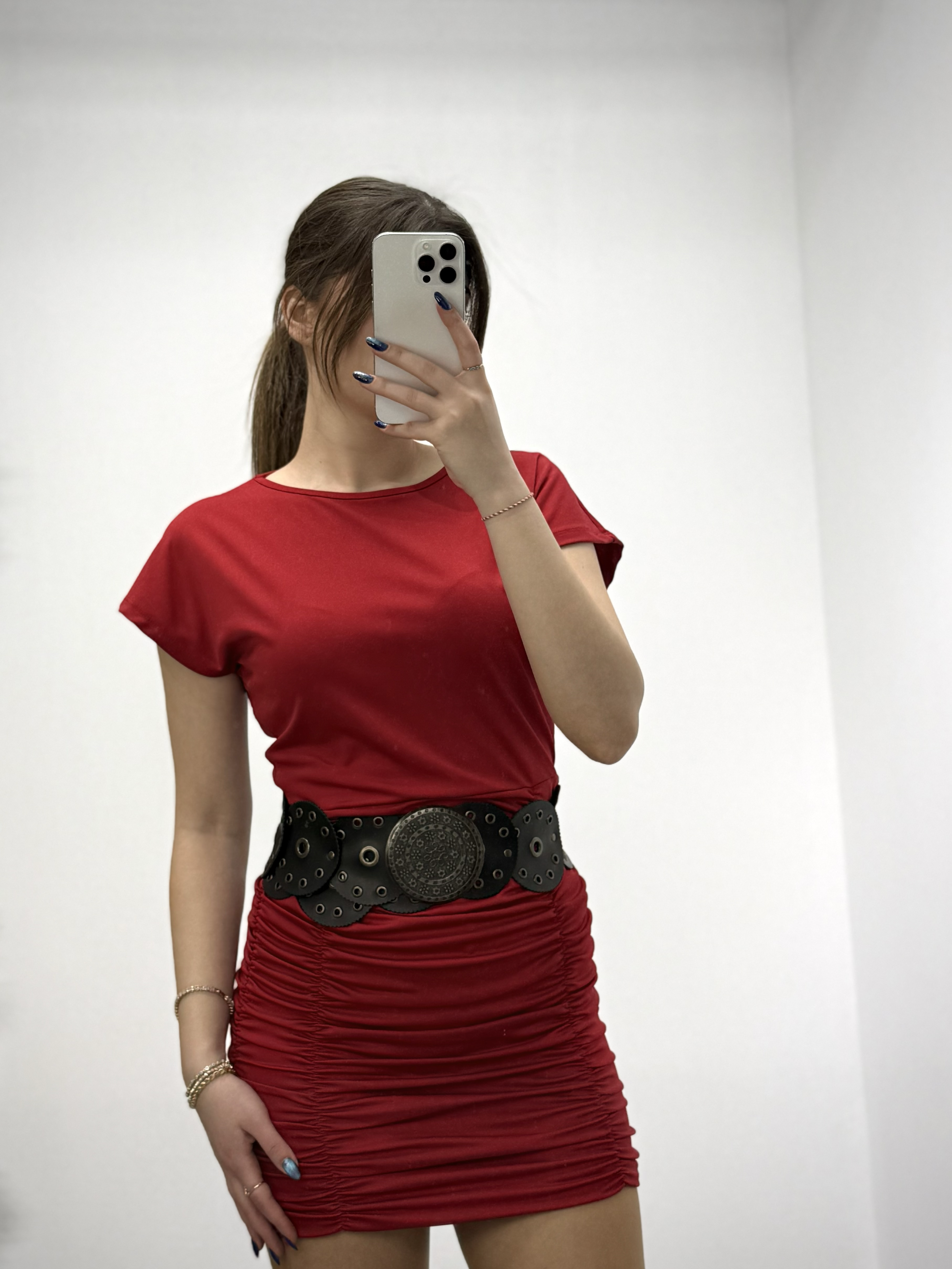 Kristal Pamuk Kumaş Drapeli Kalem Elbise Bordo