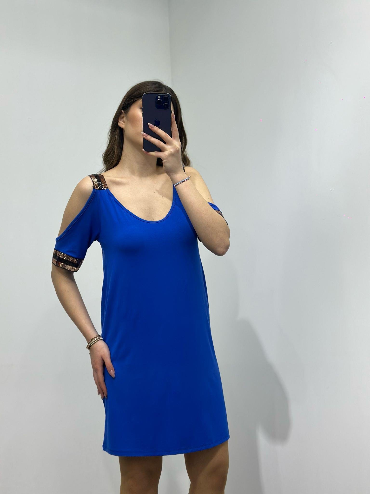 Kristal Pamuk Kumaş Rahat Kalıp Payet Detay Elbise Saks