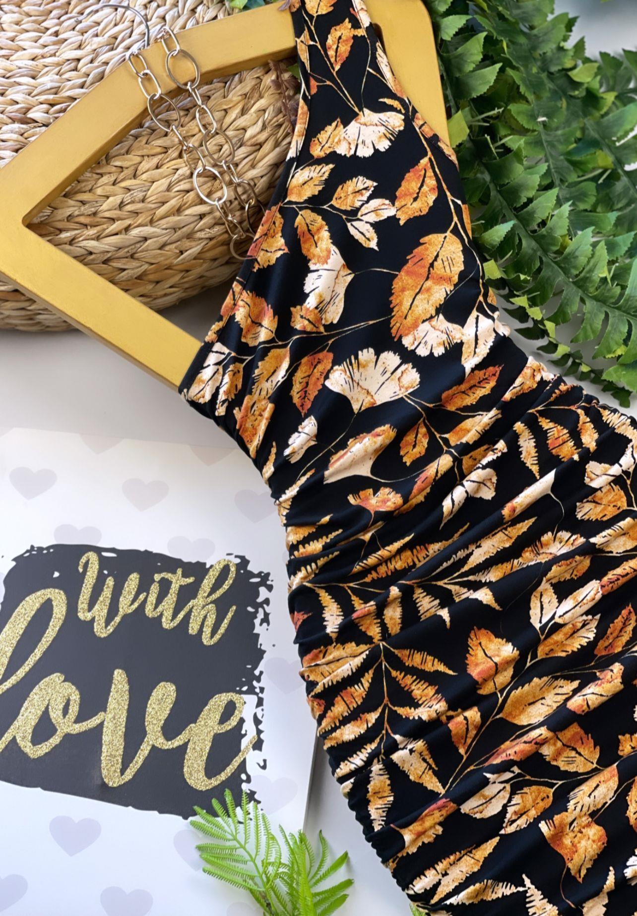 Kristal Pamuk Kumaş Yanlar Büzgülü Çiçek ve Yaprak Desenli Tek Omuz Kalem Elbise