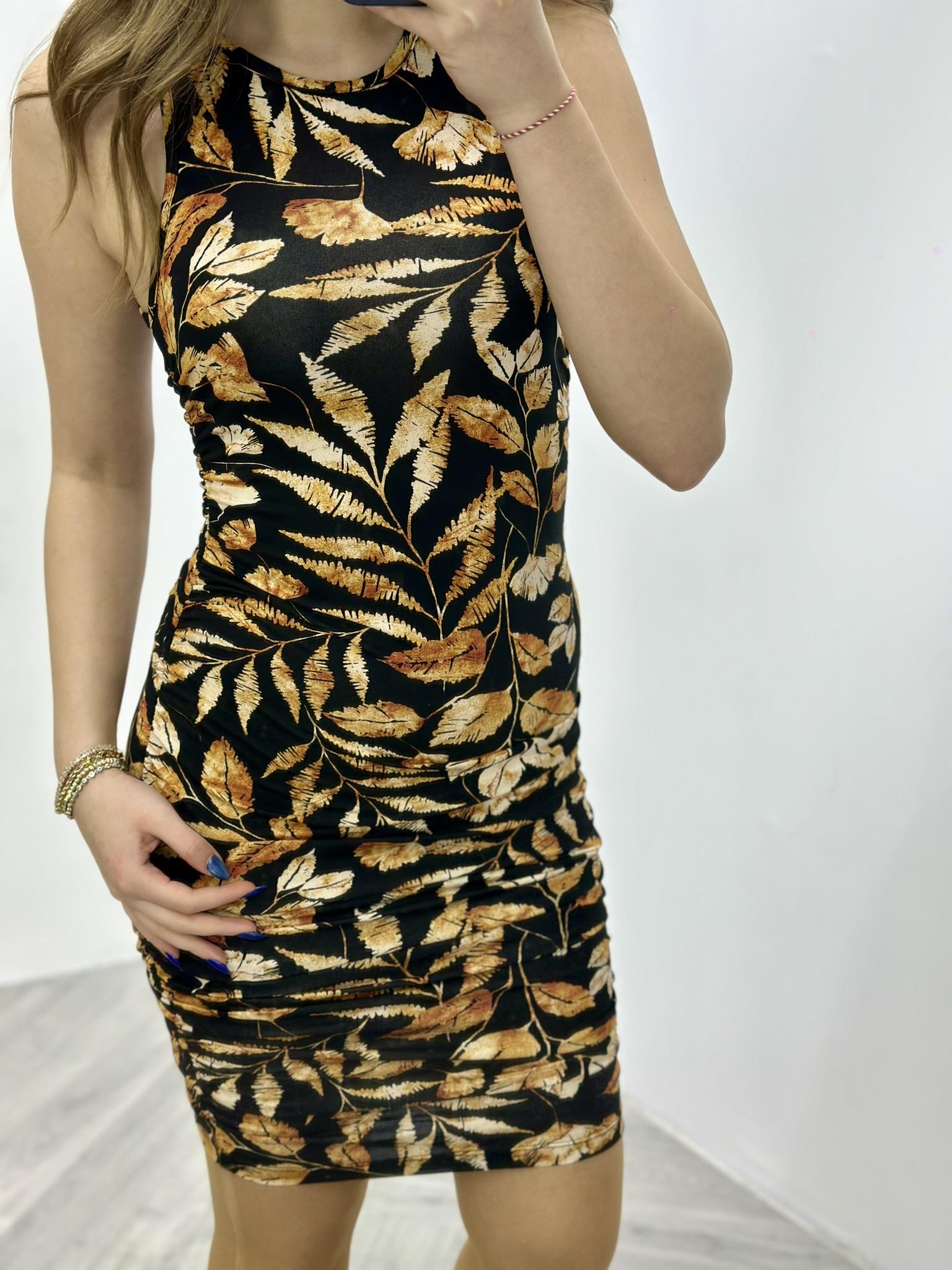 Kristal Pamuk Kumaş Yanlar Büzgülü Kolsuz Yaprak Desenli Kalem Elbise