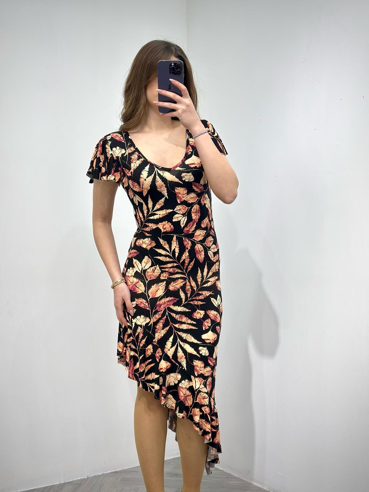 Kristal Pamuk Kumaş Yaprak Desenli Asimetrik Elbise